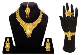 Gold Plated Traditional Stylish Necklace Set with Earring & Mangtika and Bracelet for Girl & Women