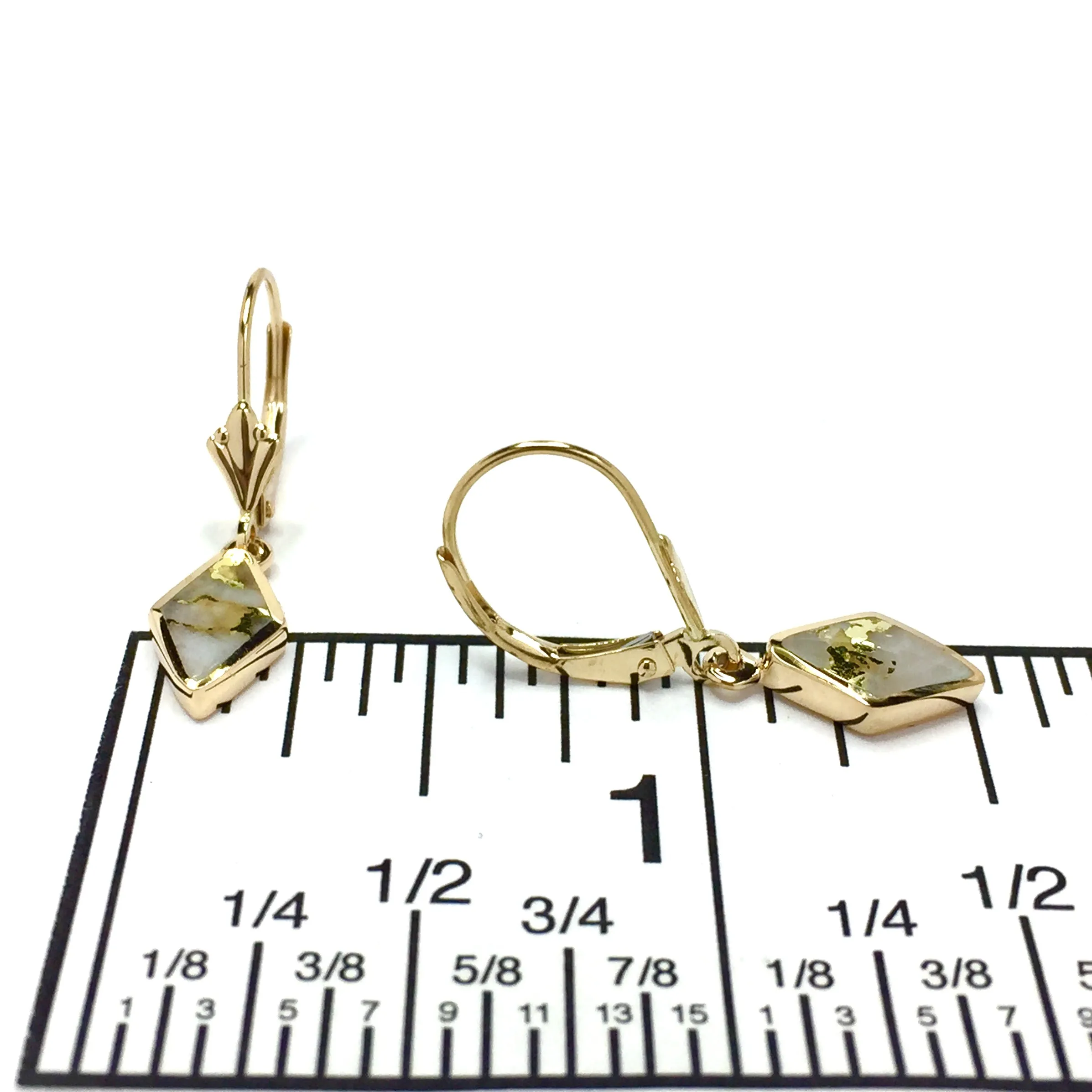 Gold Quartz Earrings Diamond Shape Inlaid Lever Backs