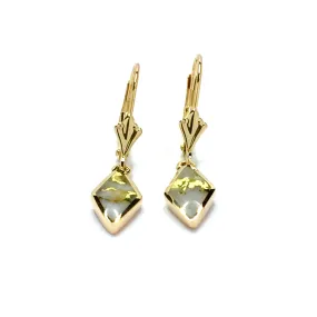 Gold Quartz Earrings Diamond Shape Inlaid Lever Backs