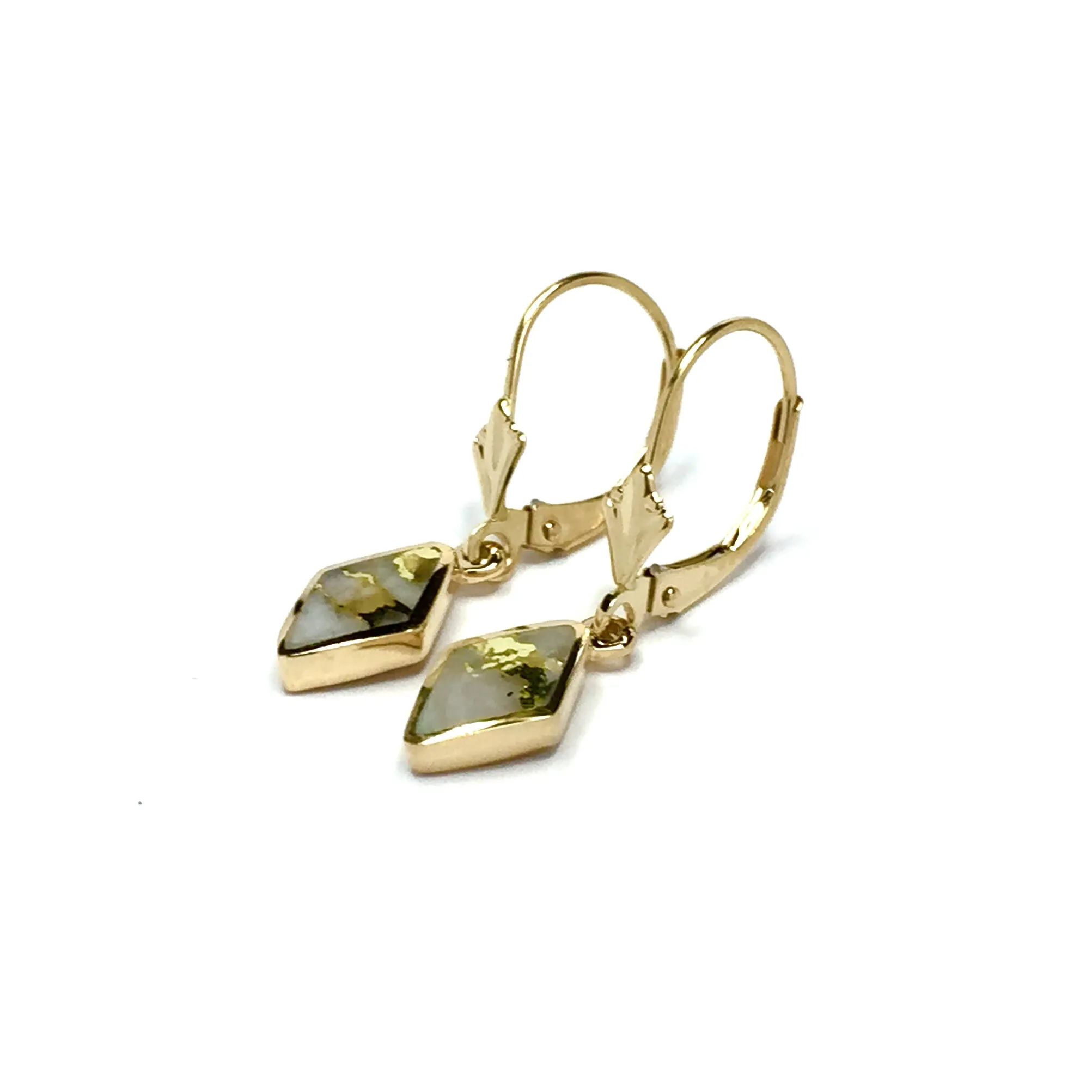 Gold Quartz Earrings Diamond Shape Inlaid Lever Backs