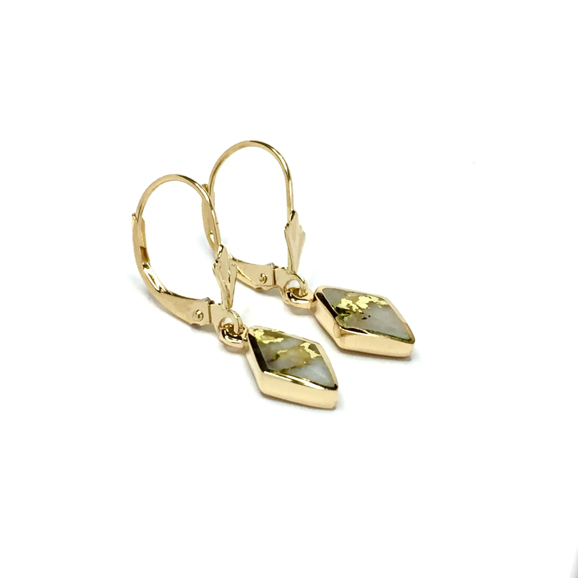 Gold Quartz Earrings Diamond Shape Inlaid Lever Backs