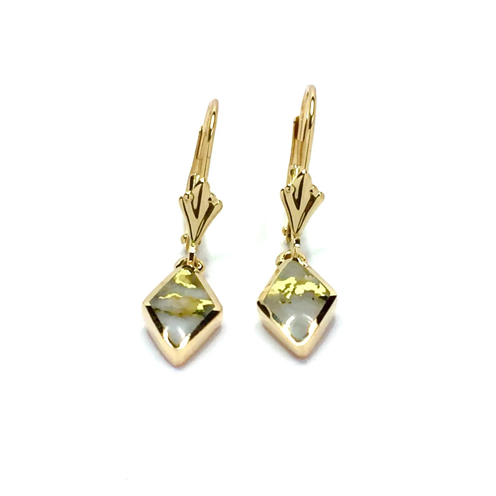 Gold Quartz Earrings Diamond Shape Inlaid Lever Backs