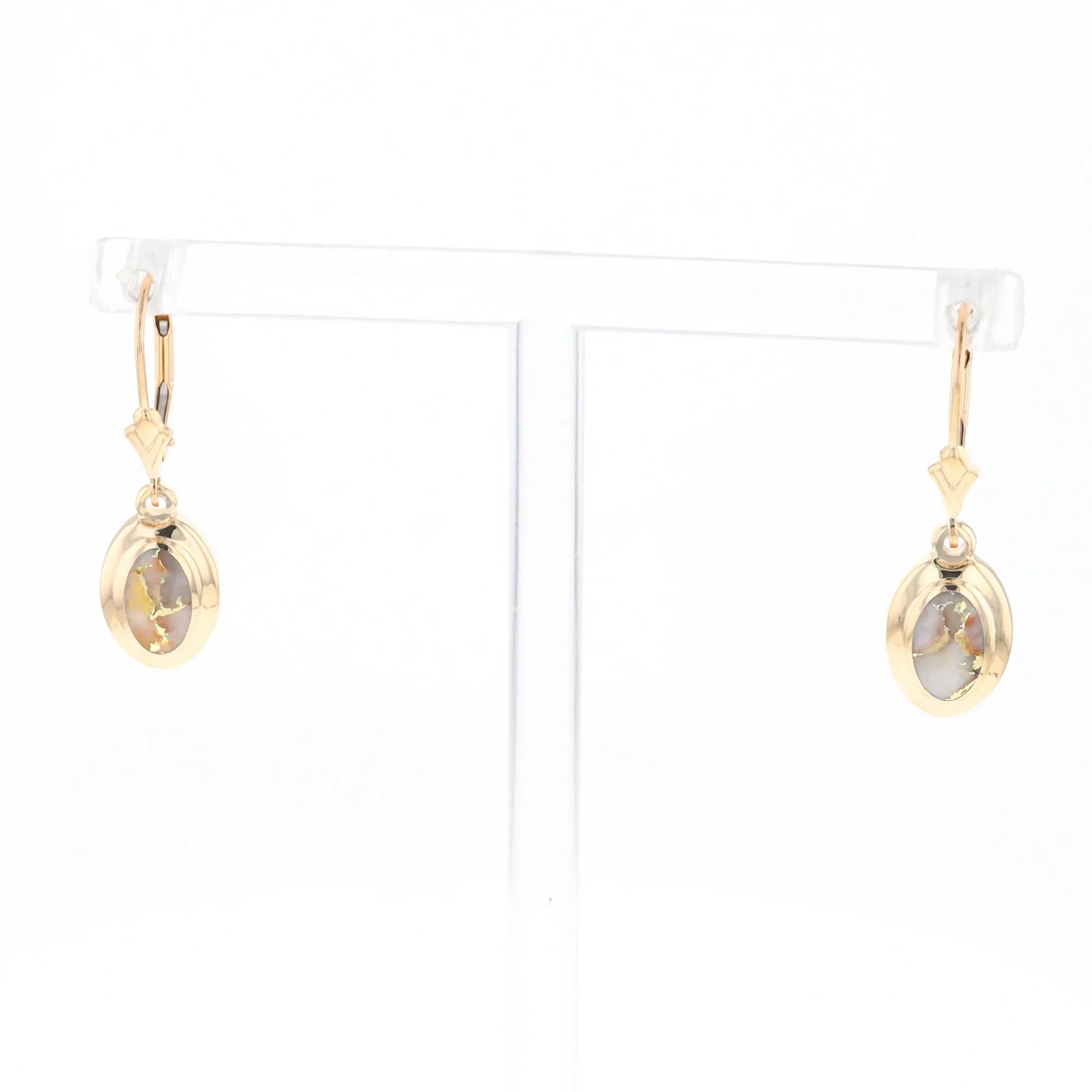 Gold Quartz Earrings Oval Inlaid Design Lever Backs - G2