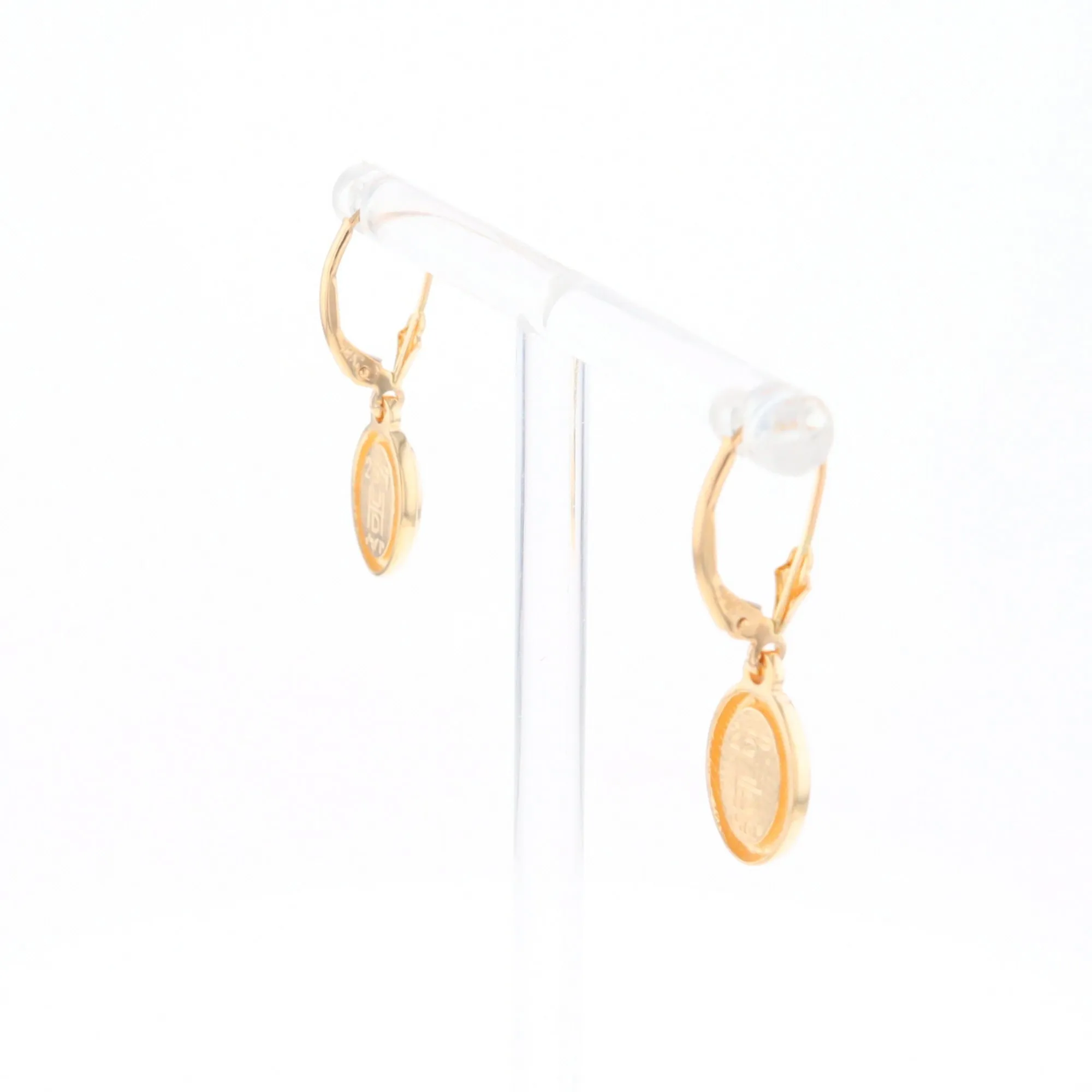 Gold Quartz Earrings Oval Inlaid Design Lever Backs - G2