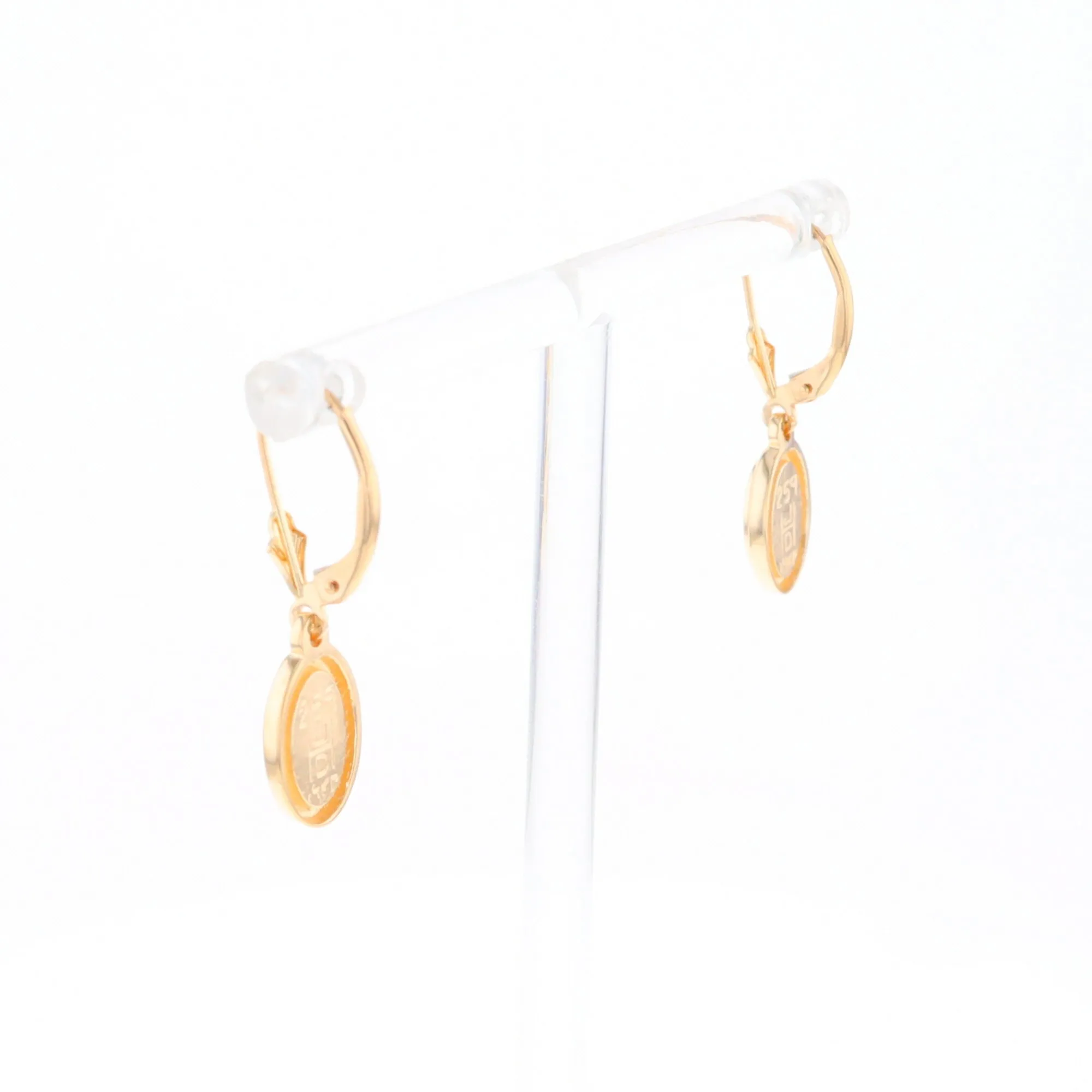 Gold Quartz Earrings Oval Inlaid Design Lever Backs - G2