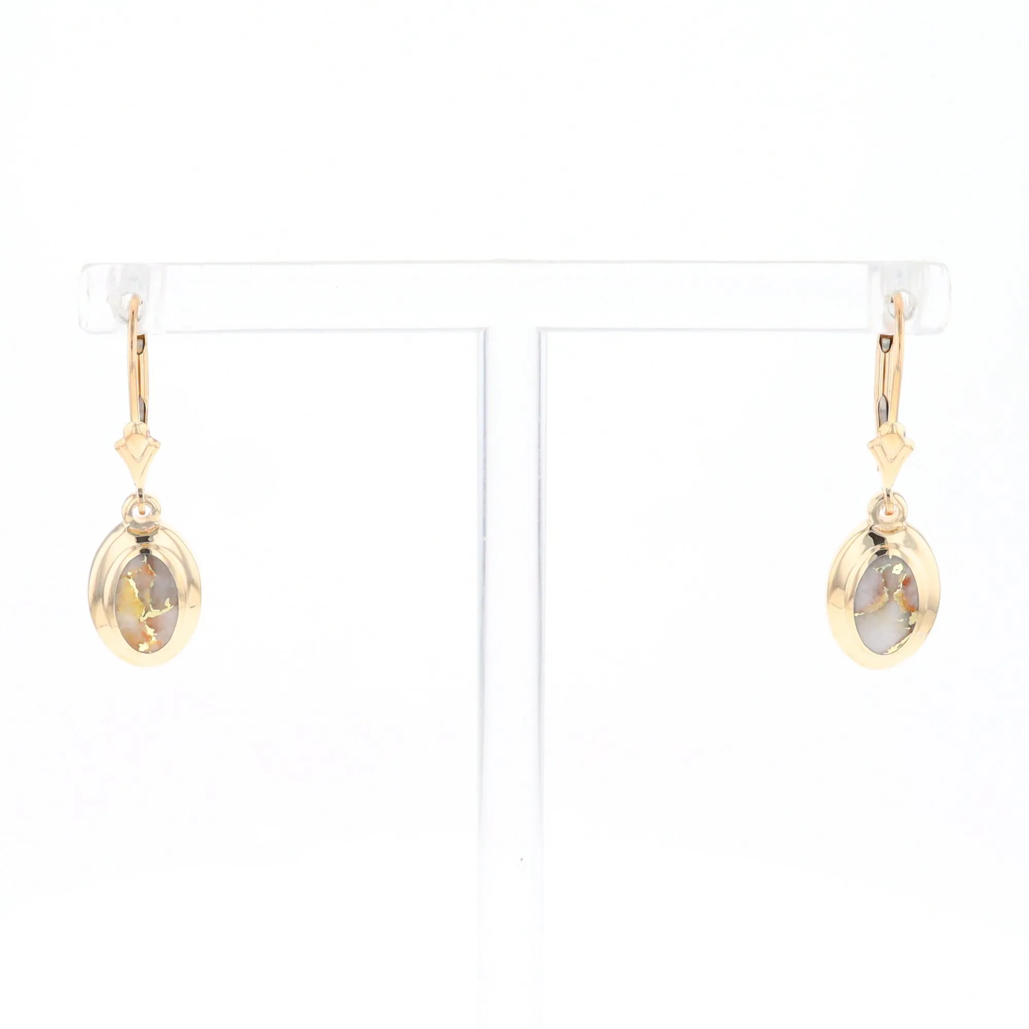 Gold Quartz Earrings Oval Inlaid Design Lever Backs - G2