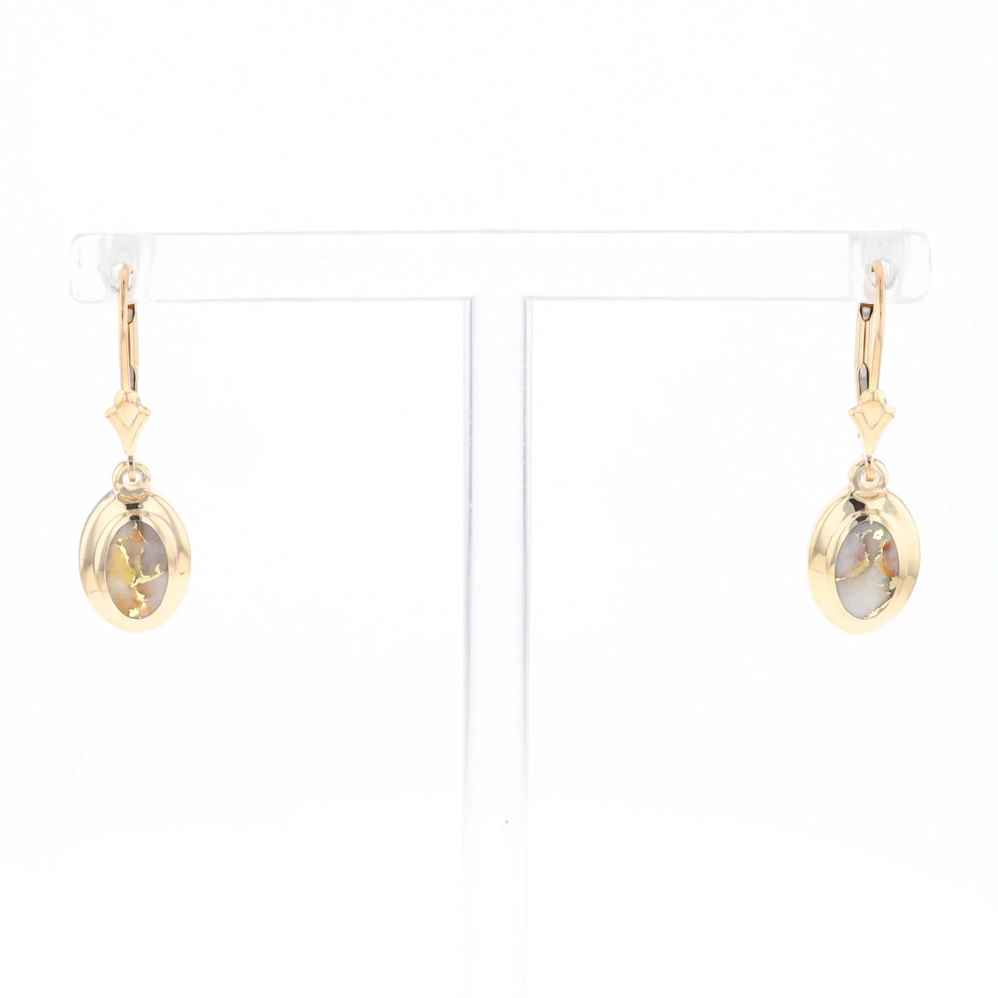 Gold Quartz Earrings Oval Inlaid Design Lever Backs - G2