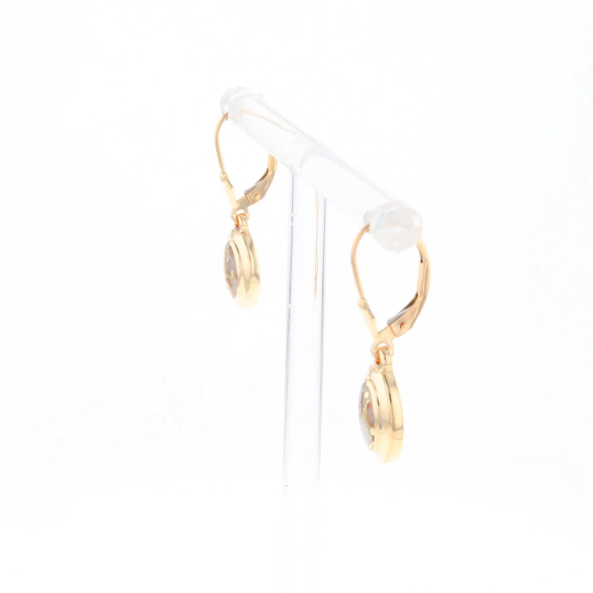 Gold Quartz Earrings Oval Inlaid Design Lever Backs - G2