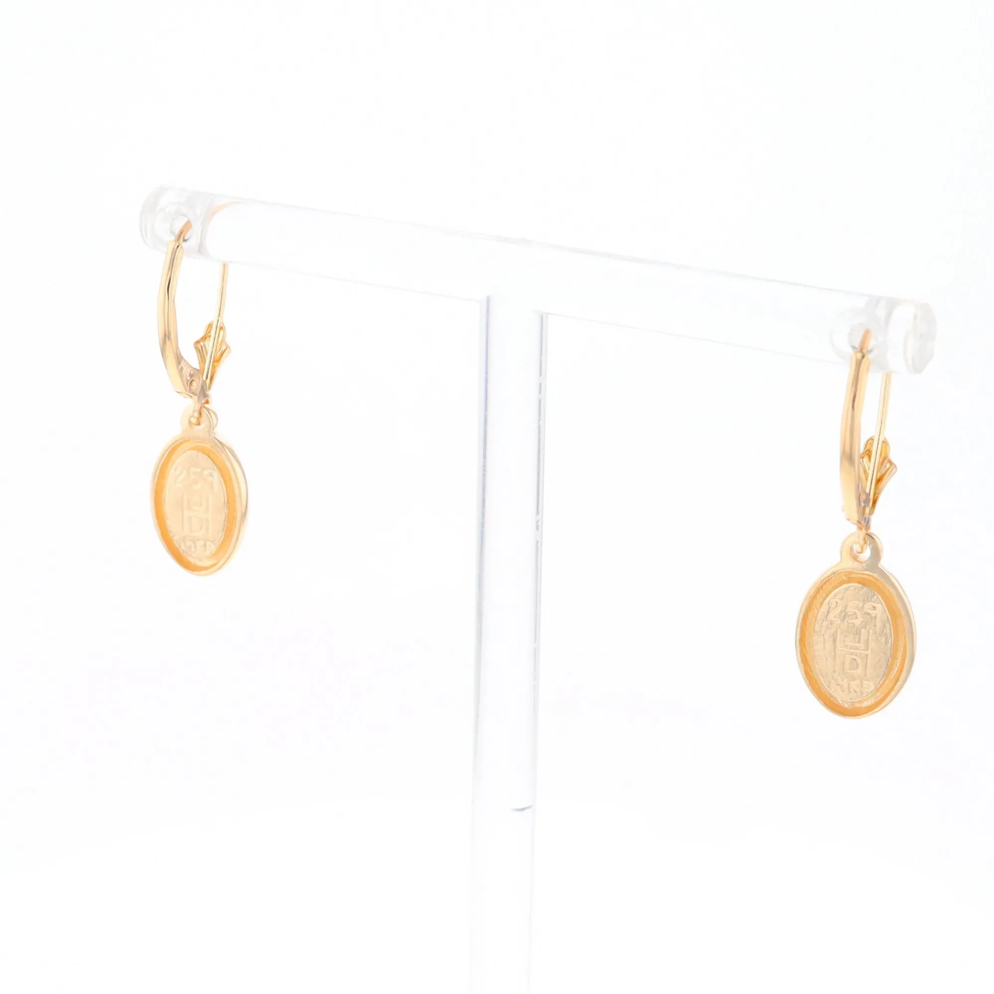 Gold Quartz Earrings Oval Inlaid Design Lever Backs - G2