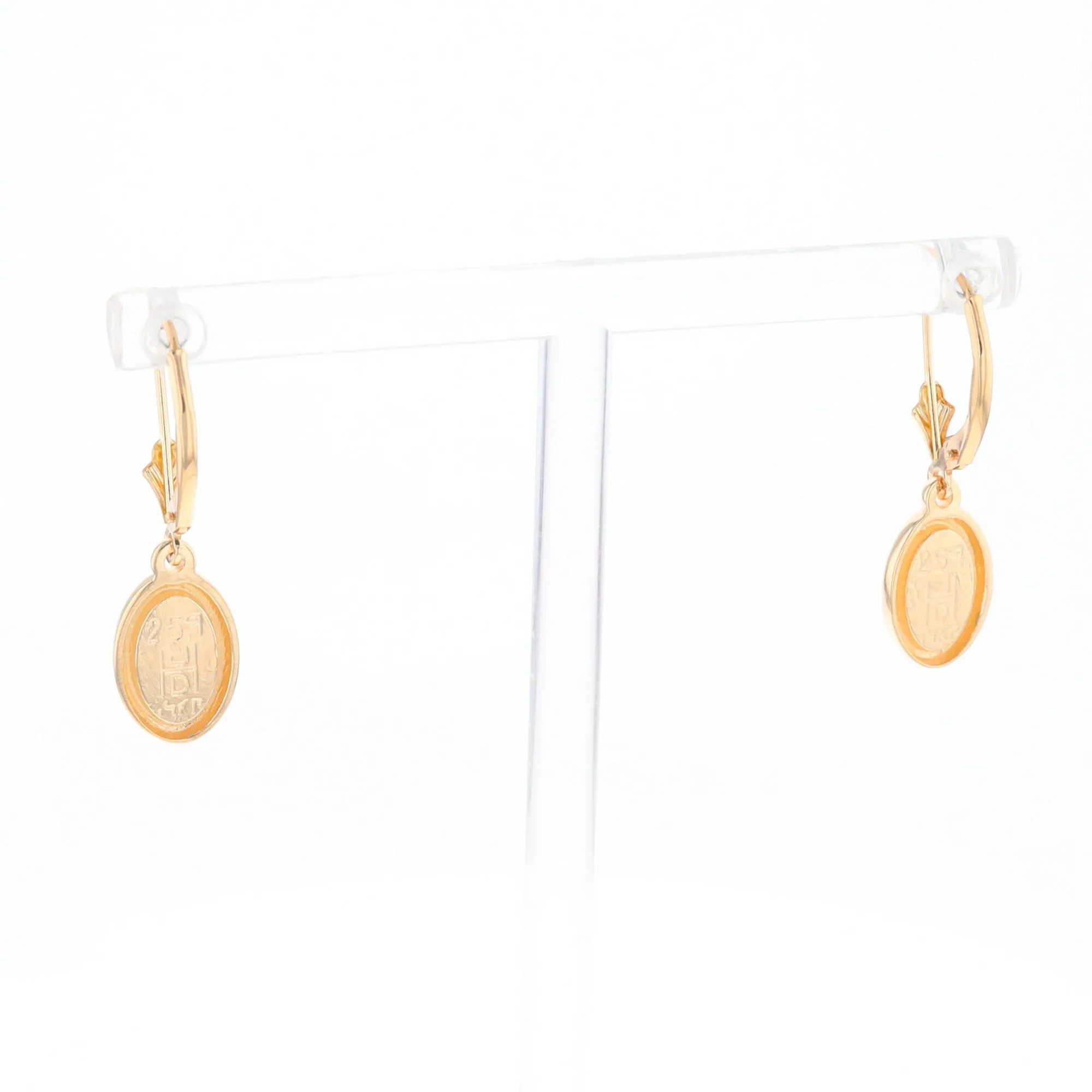 Gold Quartz Earrings Oval Inlaid Design Lever Backs - G2