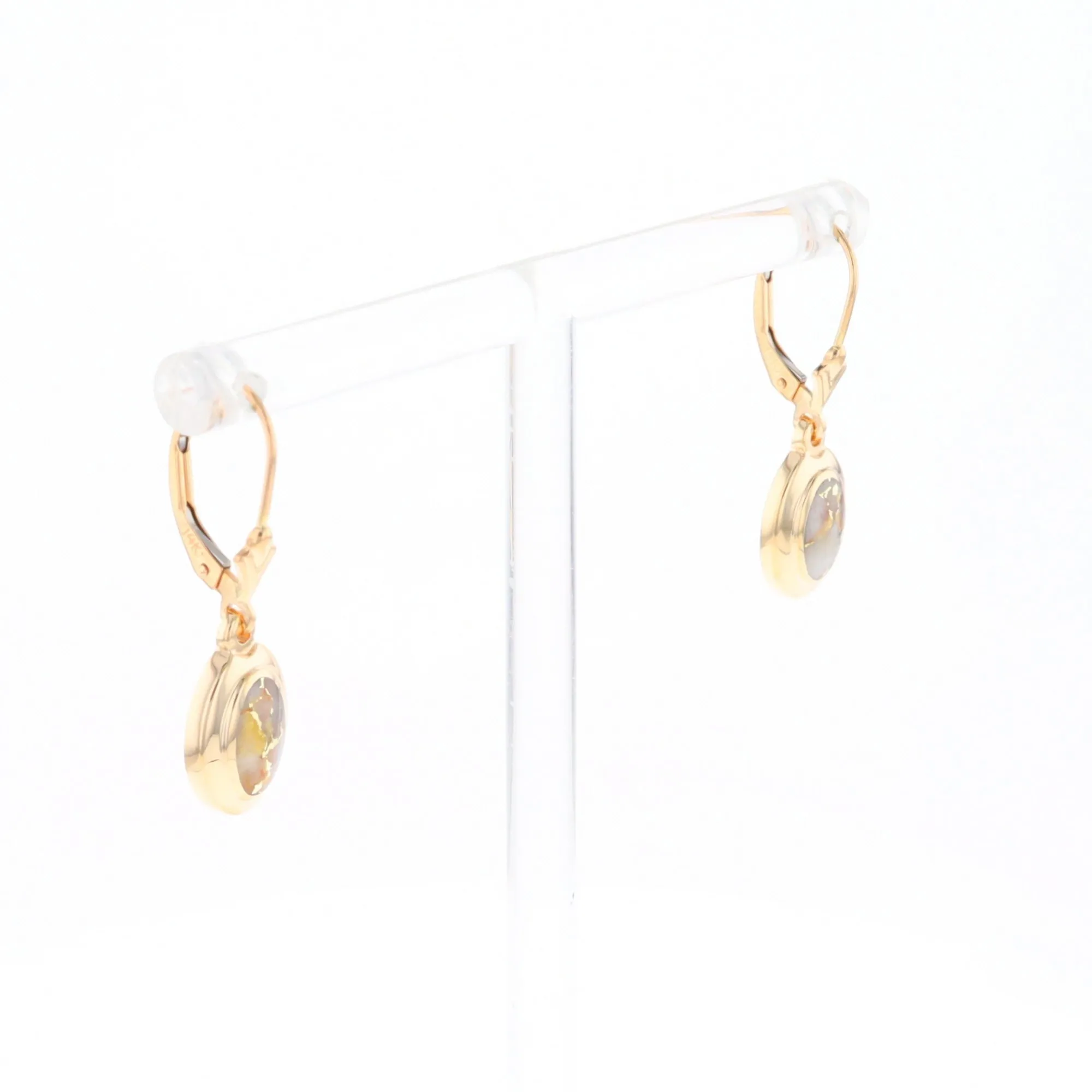 Gold Quartz Earrings Oval Inlaid Design Lever Backs - G2