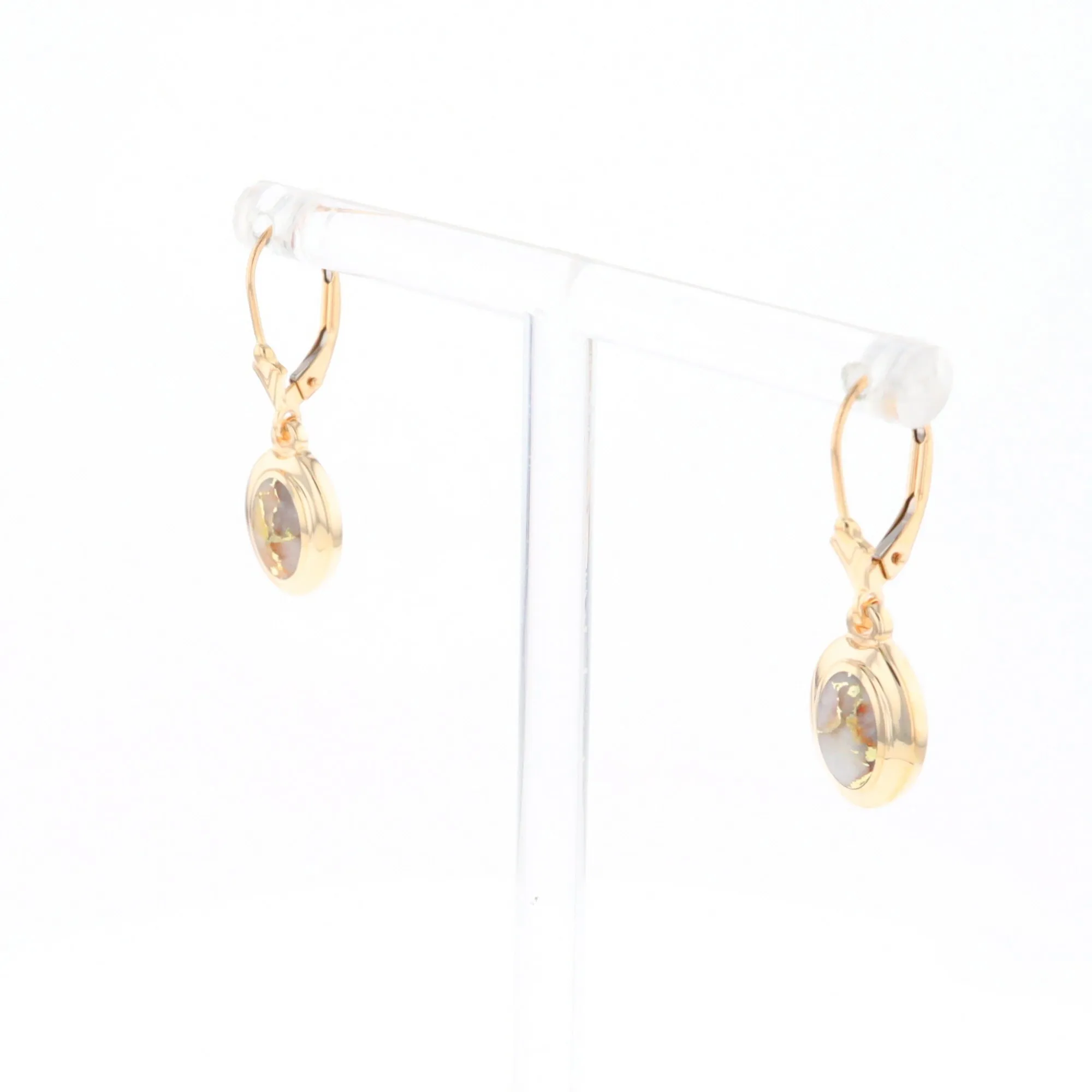 Gold Quartz Earrings Oval Inlaid Design Lever Backs - G2