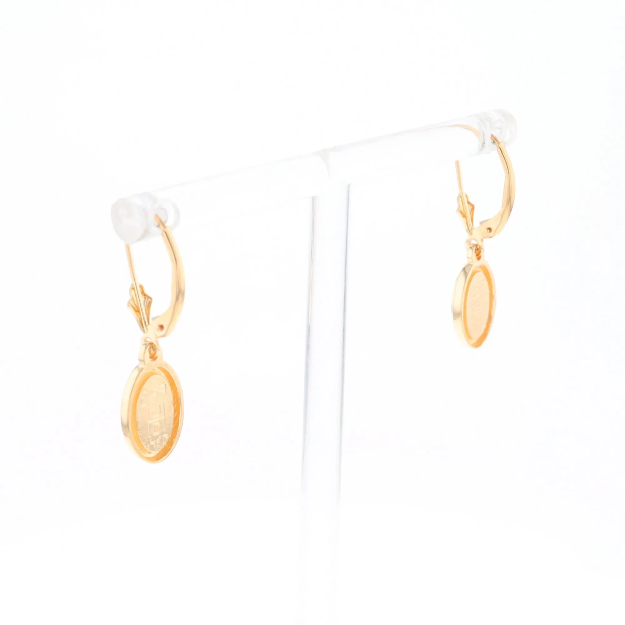 Gold Quartz Earrings Oval Inlaid Design Lever Backs - G2