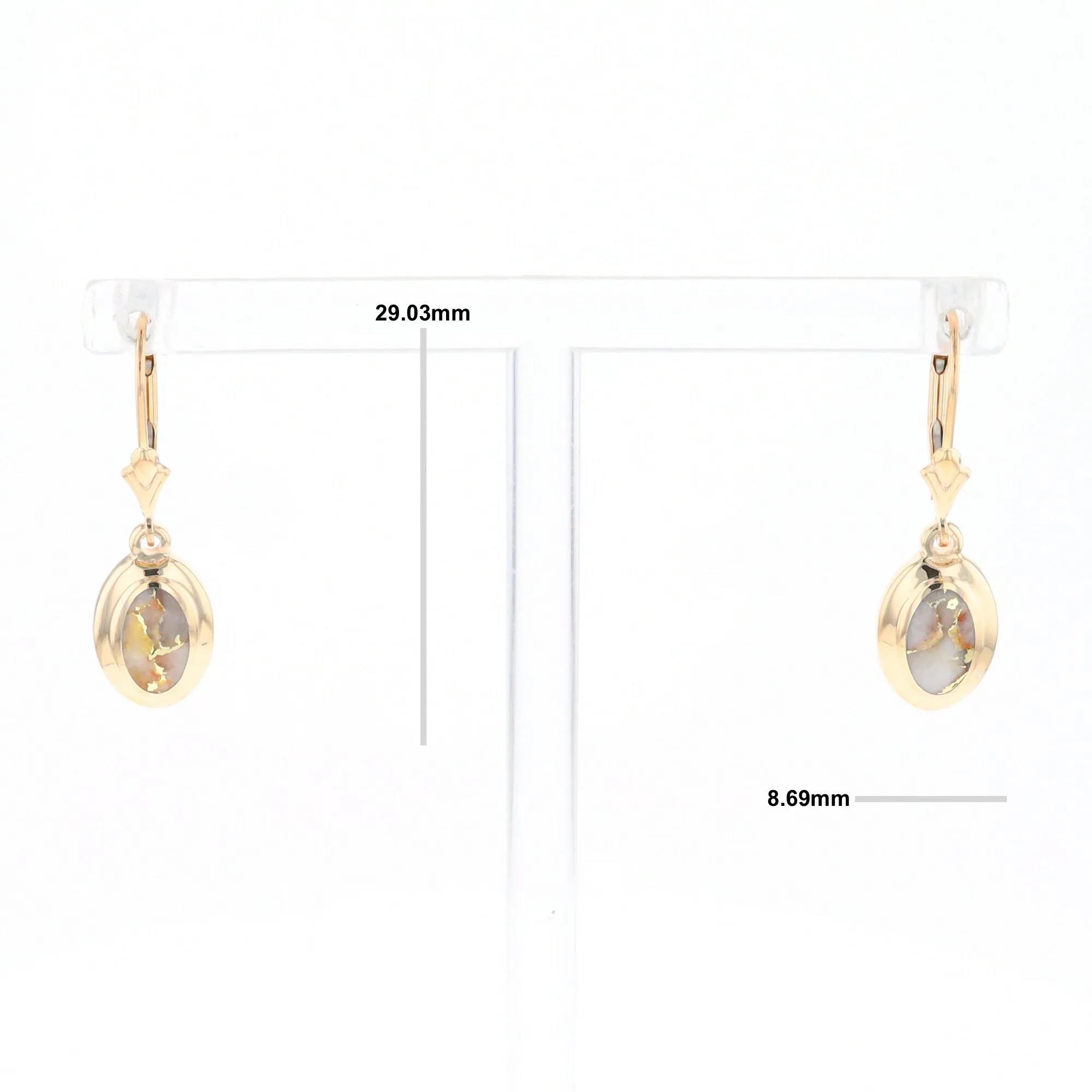 Gold Quartz Earrings Oval Inlaid Design Lever Backs - G2