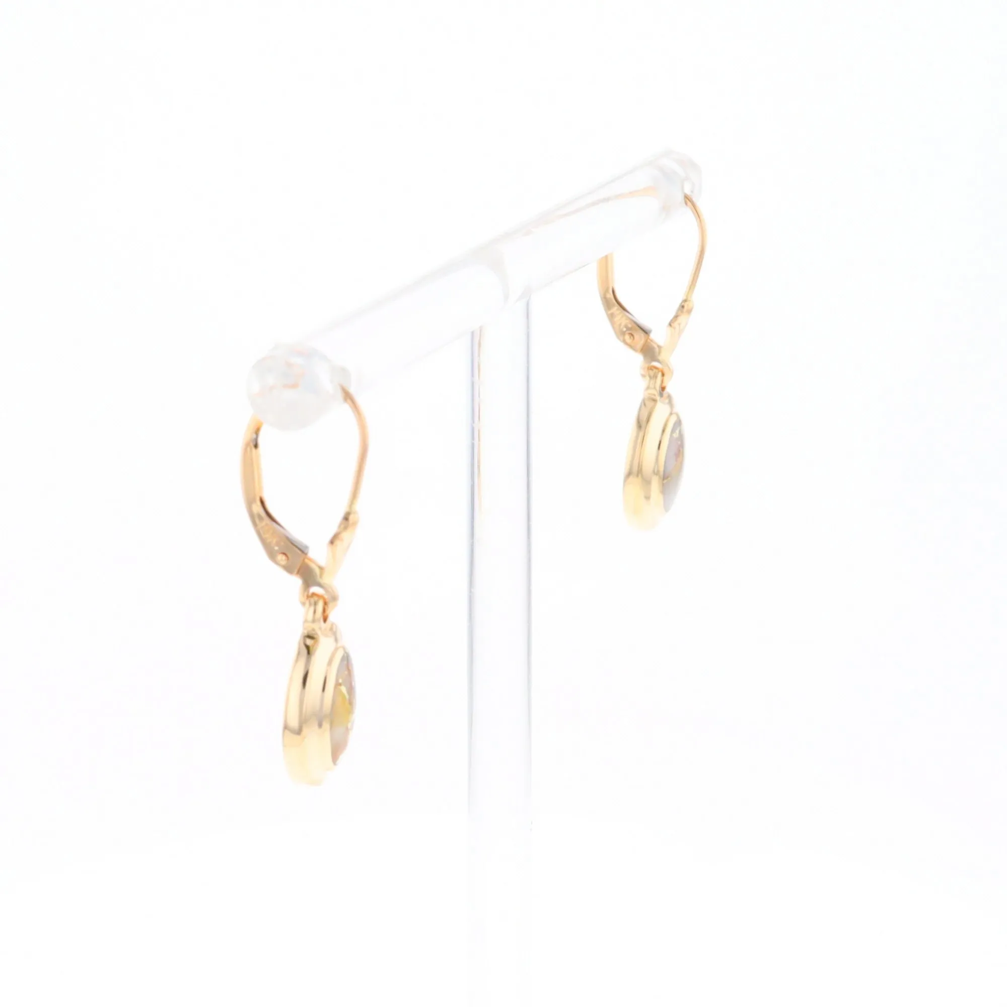 Gold Quartz Earrings Oval Inlaid Design Lever Backs - G2