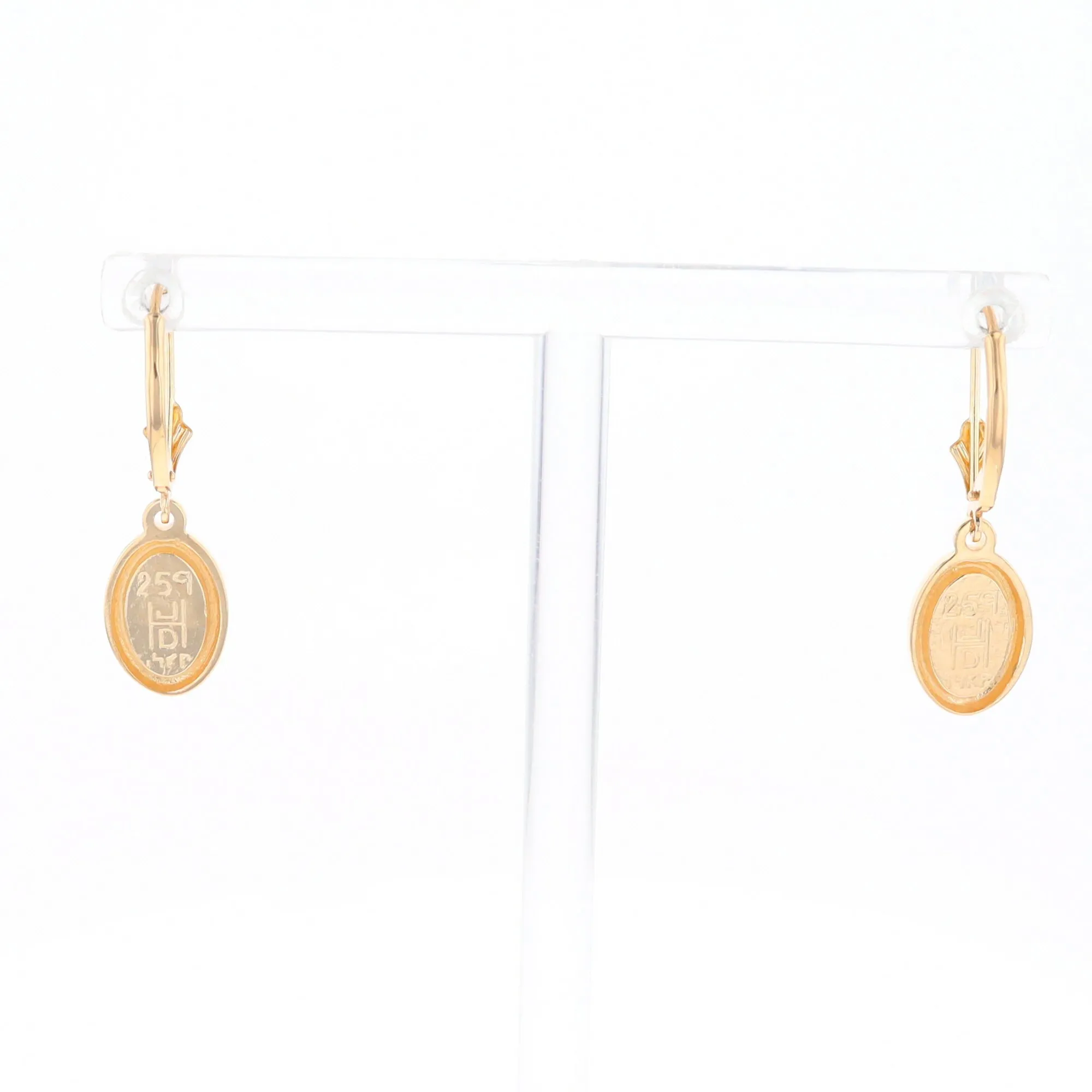 Gold Quartz Earrings Oval Inlaid Design Lever Backs - G2