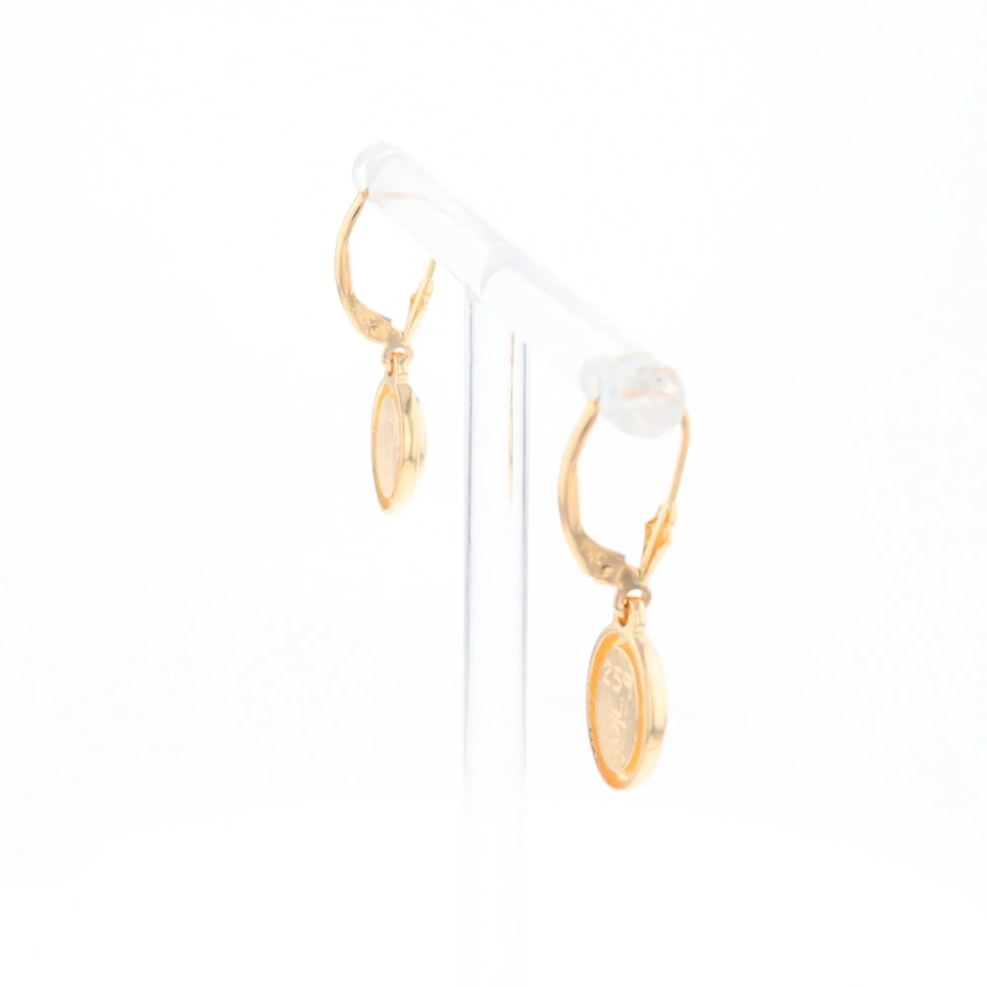 Gold Quartz Earrings Oval Inlaid Design Lever Backs - G2