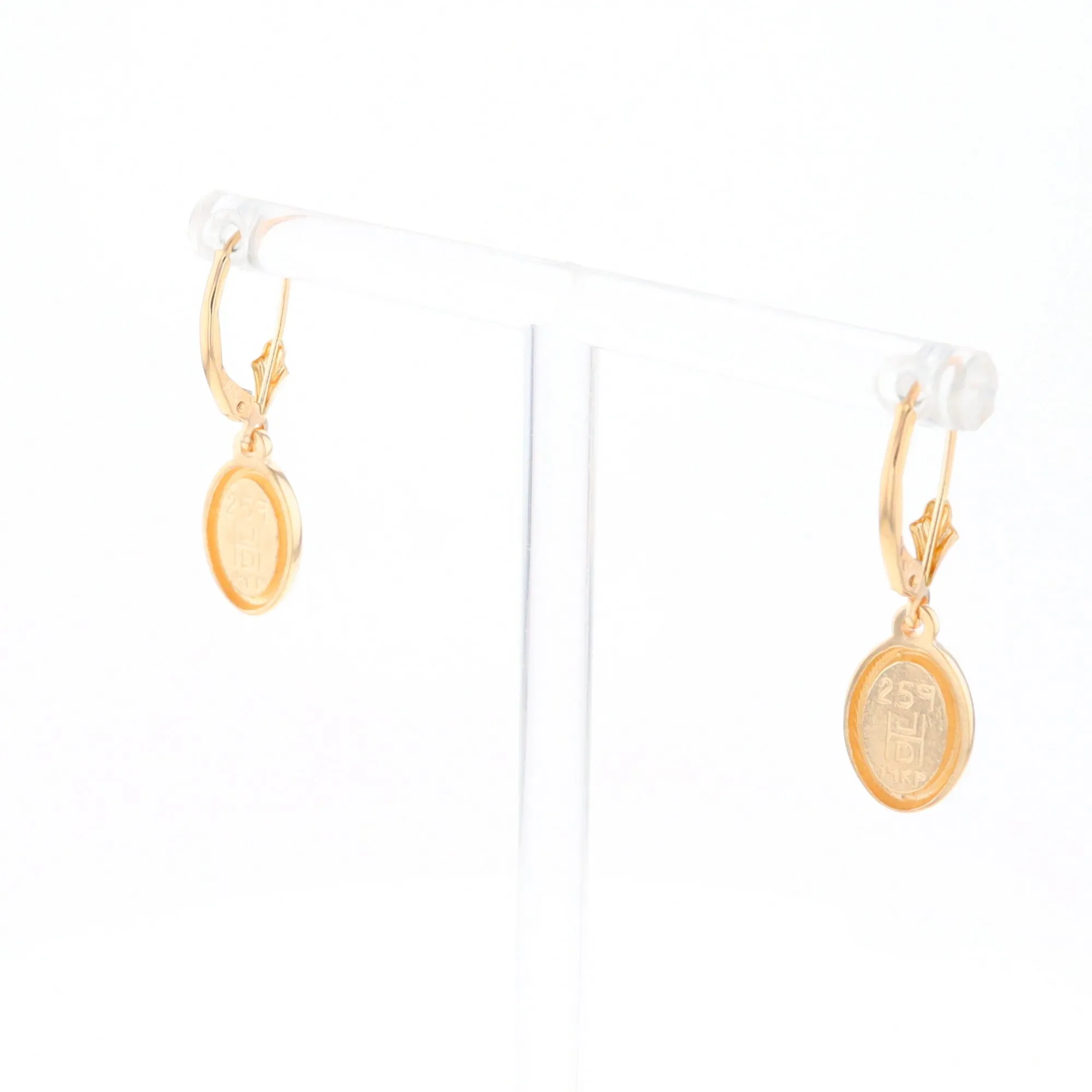 Gold Quartz Earrings Oval Inlaid Design Lever Backs - G2