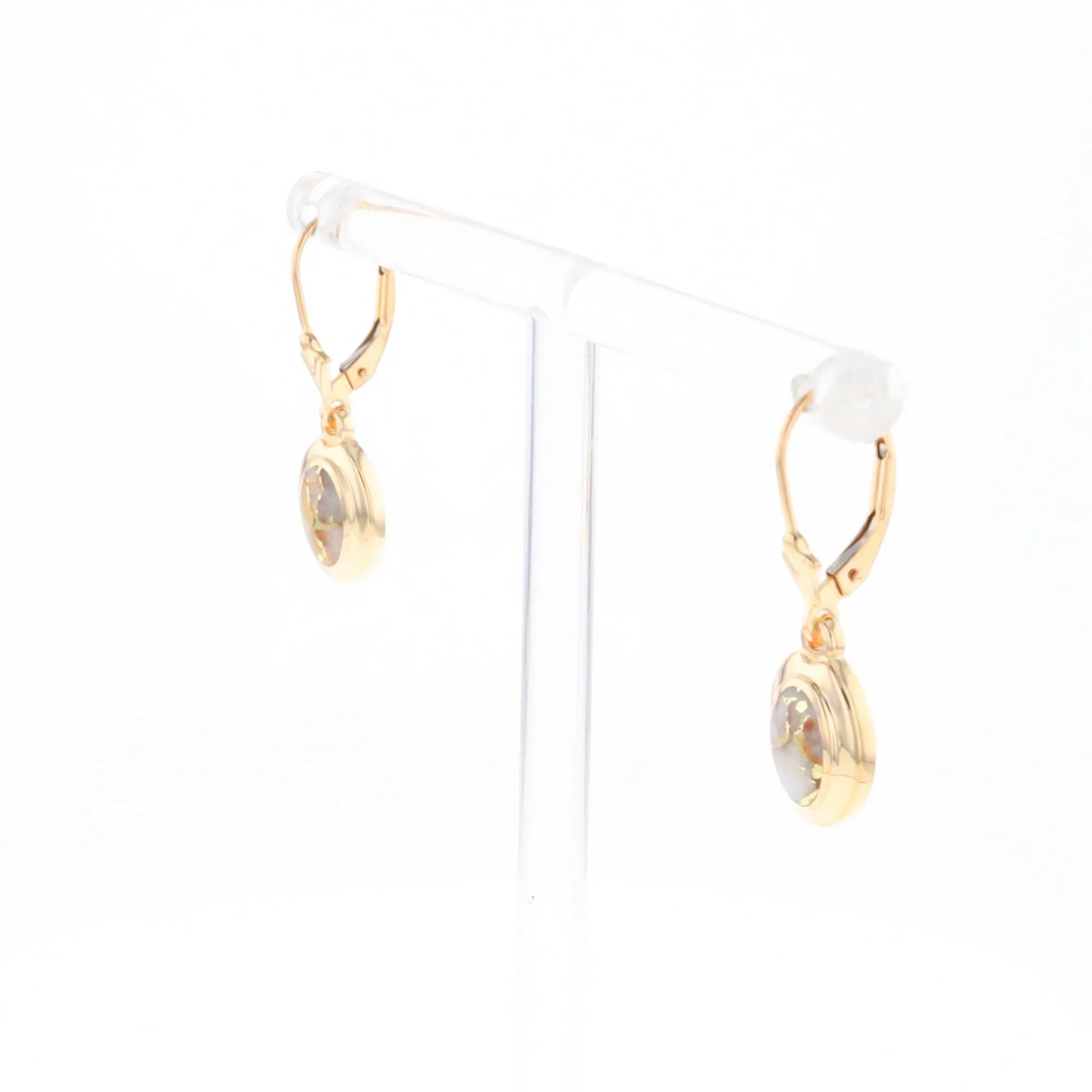 Gold Quartz Earrings Oval Inlaid Design Lever Backs - G2