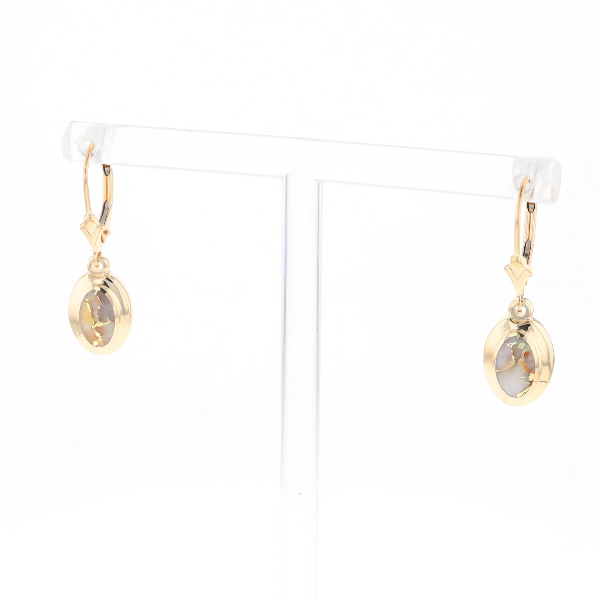 Gold Quartz Earrings Oval Inlaid Design Lever Backs - G2