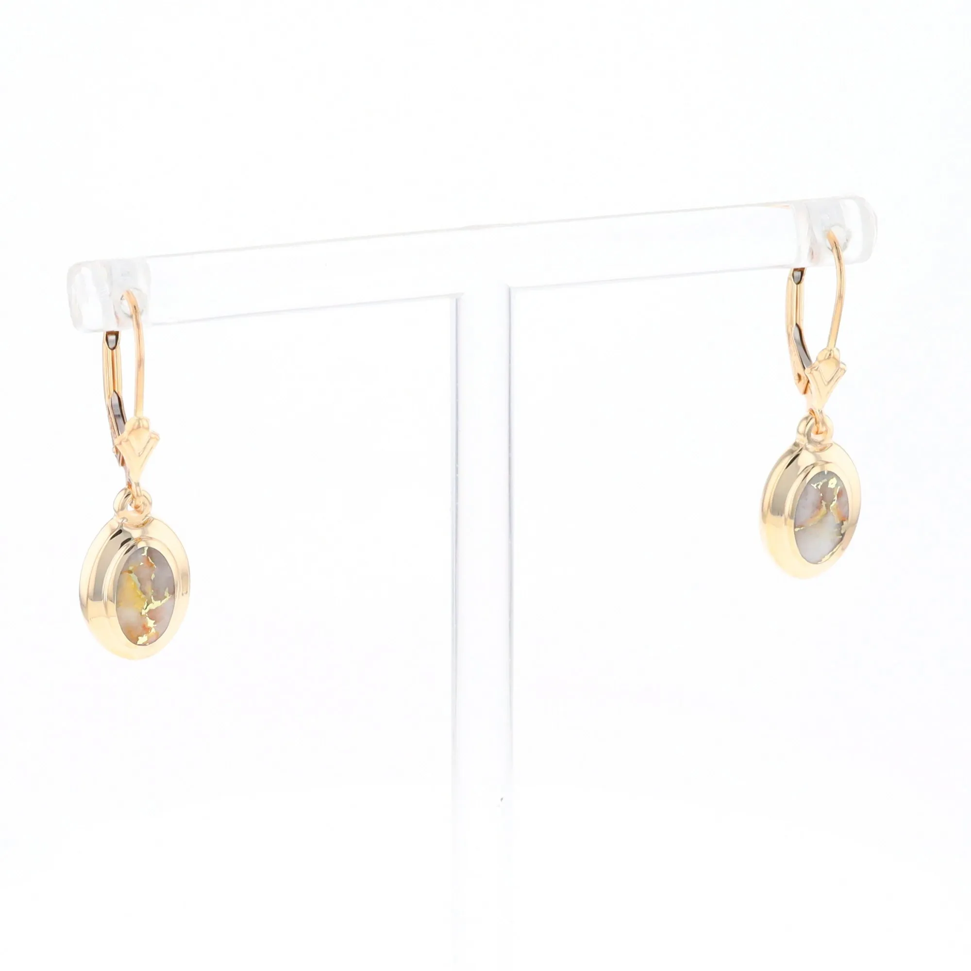 Gold Quartz Earrings Oval Inlaid Design Lever Backs - G2