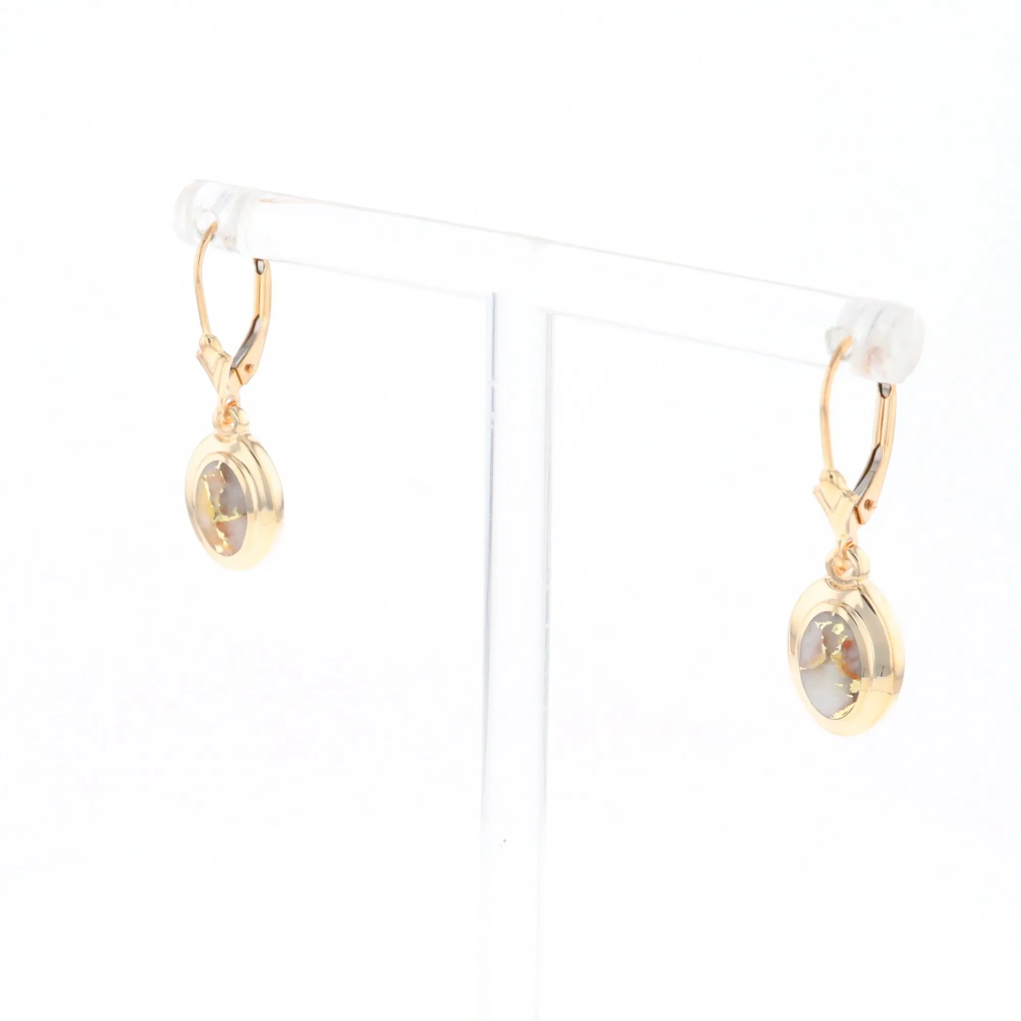 Gold Quartz Earrings Oval Inlaid Design Lever Backs - G2