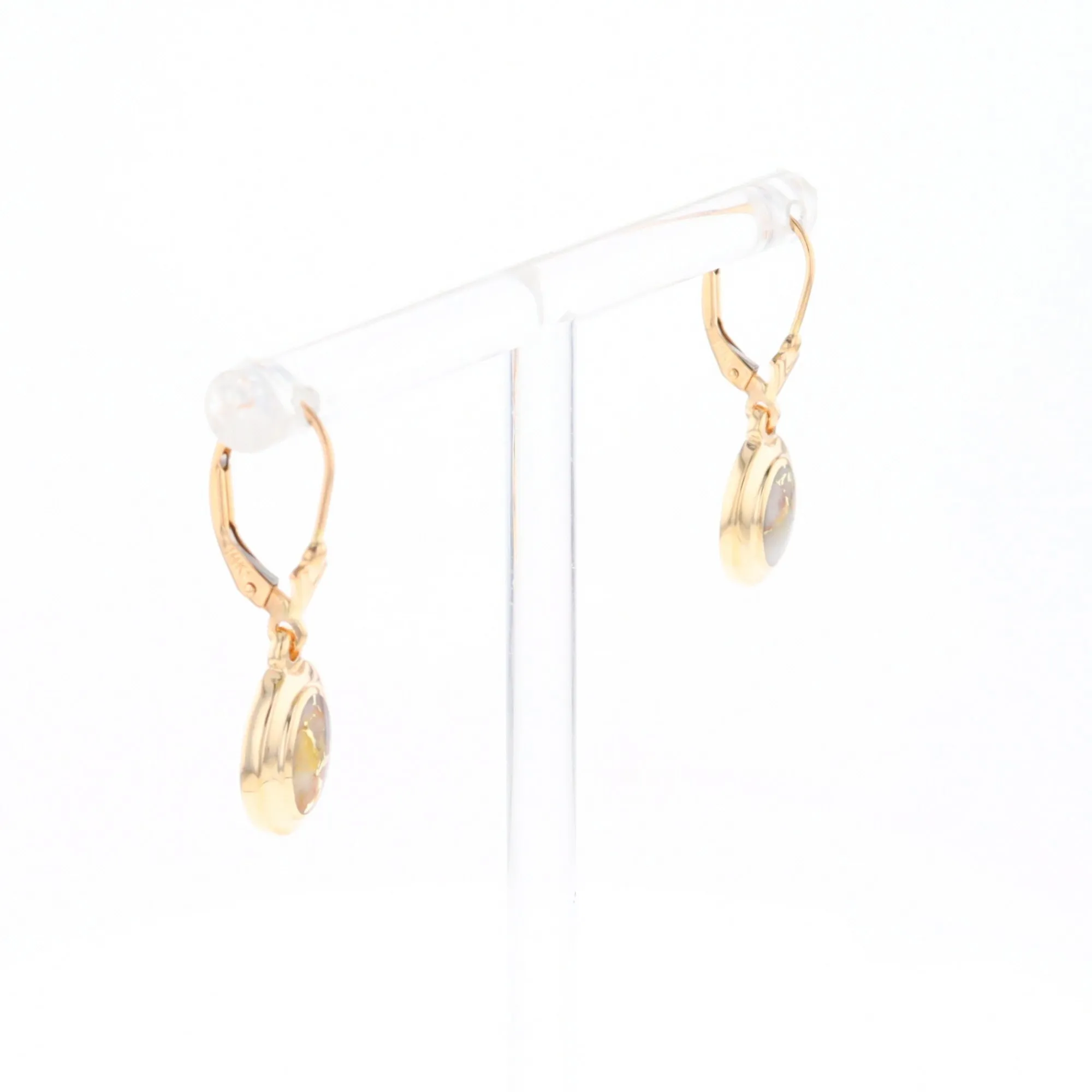 Gold Quartz Earrings Oval Inlaid Design Lever Backs - G2