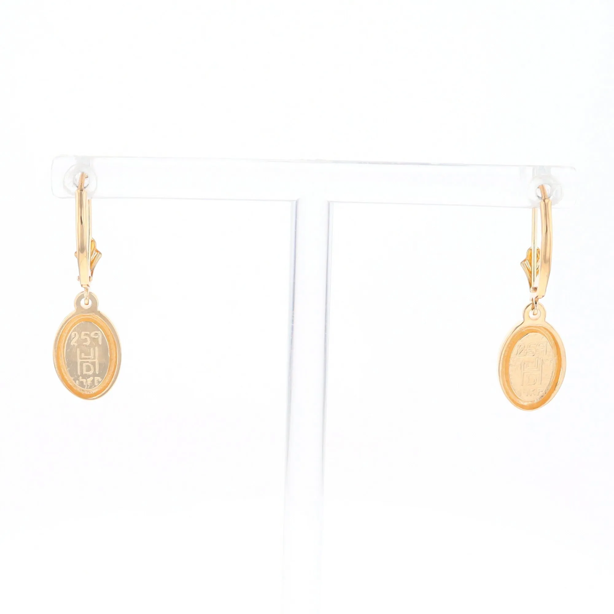 Gold Quartz Earrings Oval Inlaid Design Lever Backs - G2