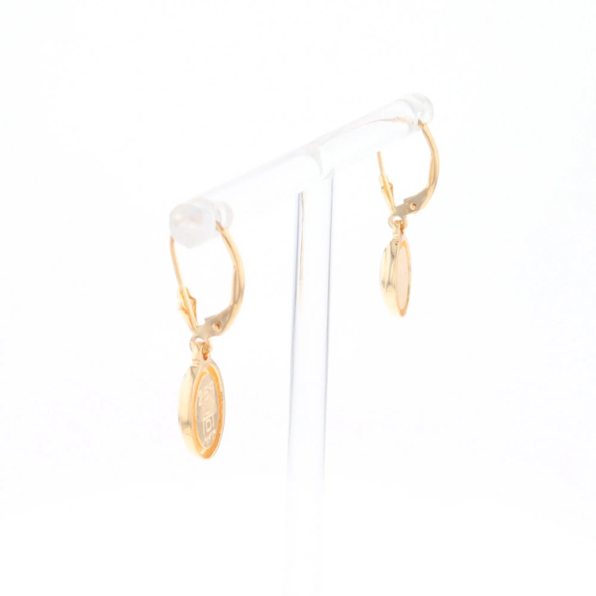 Gold Quartz Earrings Oval Inlaid Design Lever Backs - G2