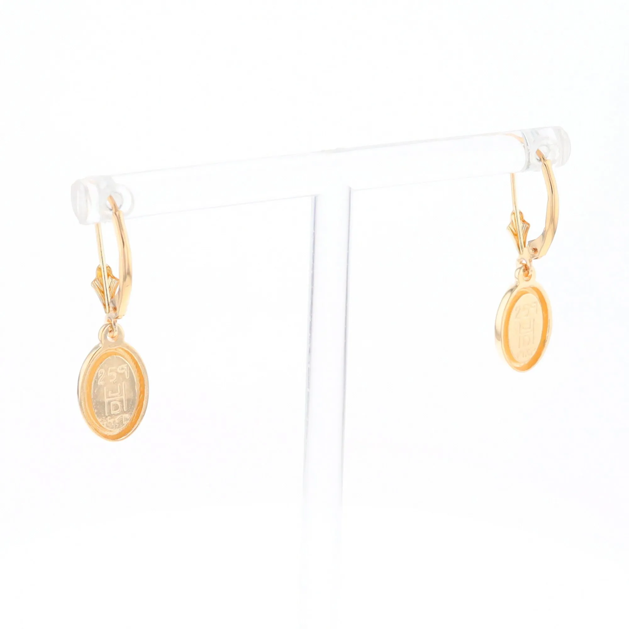 Gold Quartz Earrings Oval Inlaid Design Lever Backs - G2