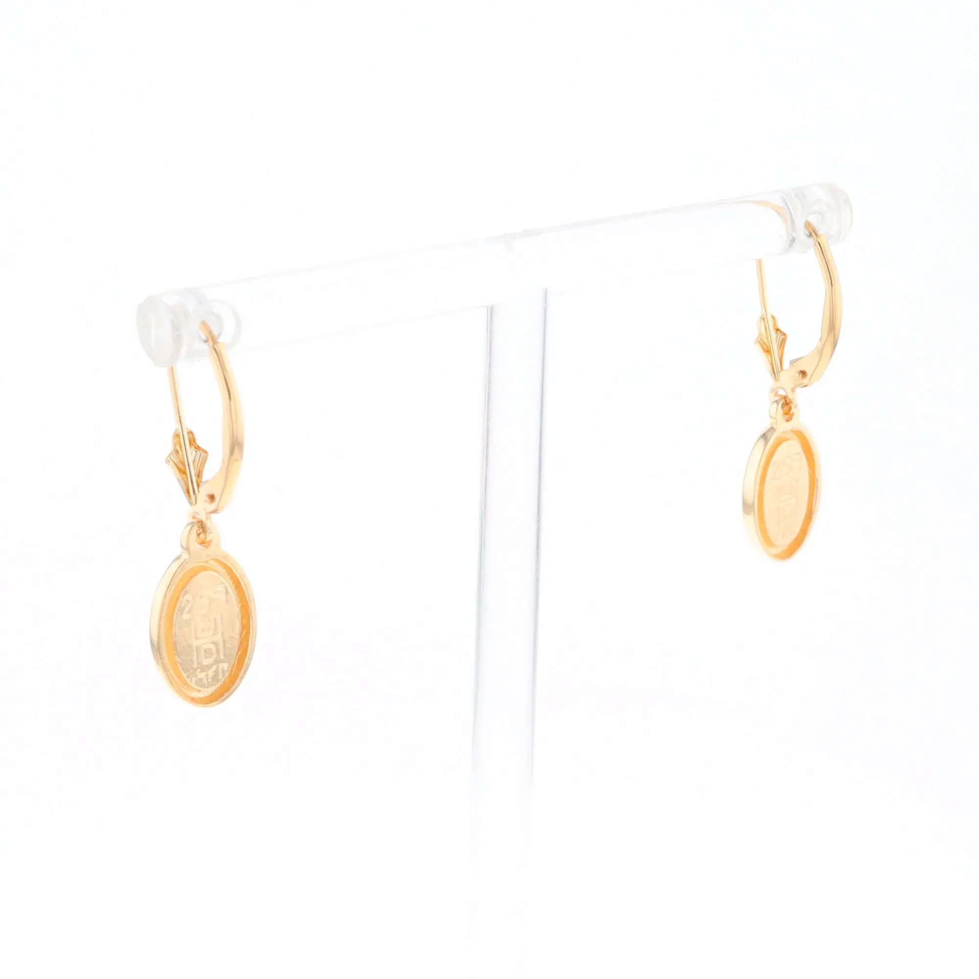 Gold Quartz Earrings Oval Inlaid Design Lever Backs - G2