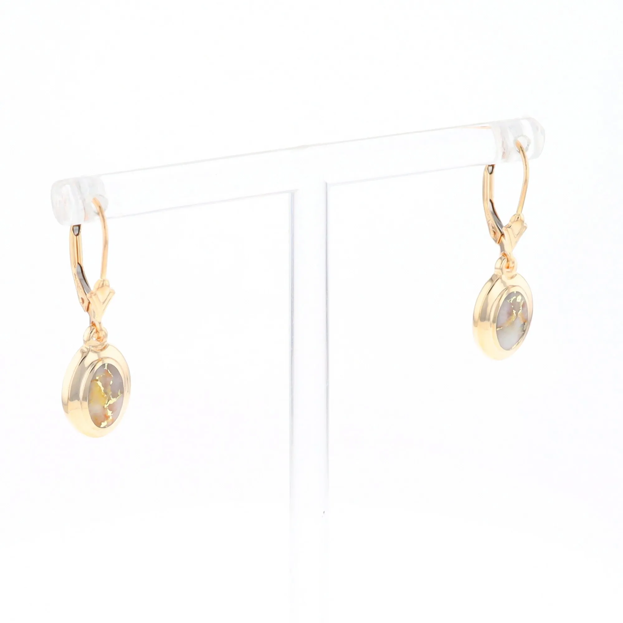 Gold Quartz Earrings Oval Inlaid Design Lever Backs - G2