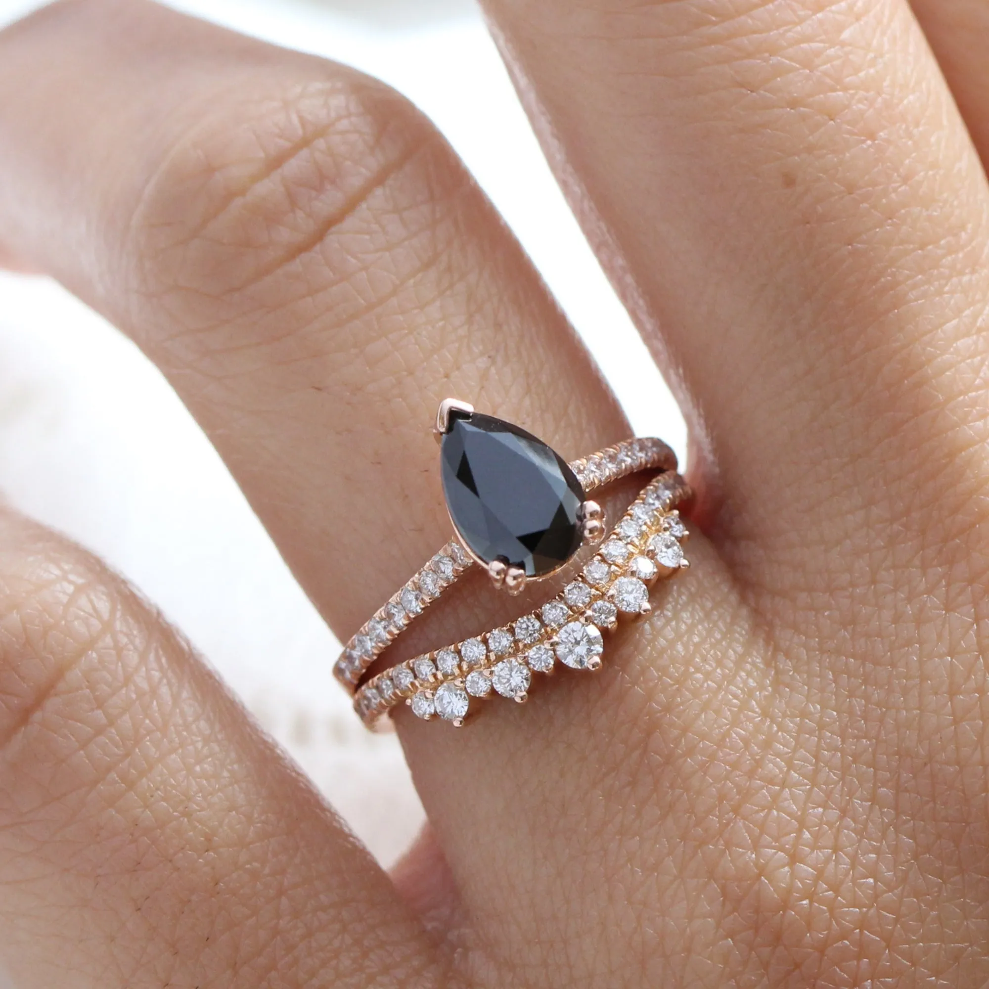 Grace Solitaire Black Diamond Ring Set w/ Pear Diamond and Crown Wedding Band