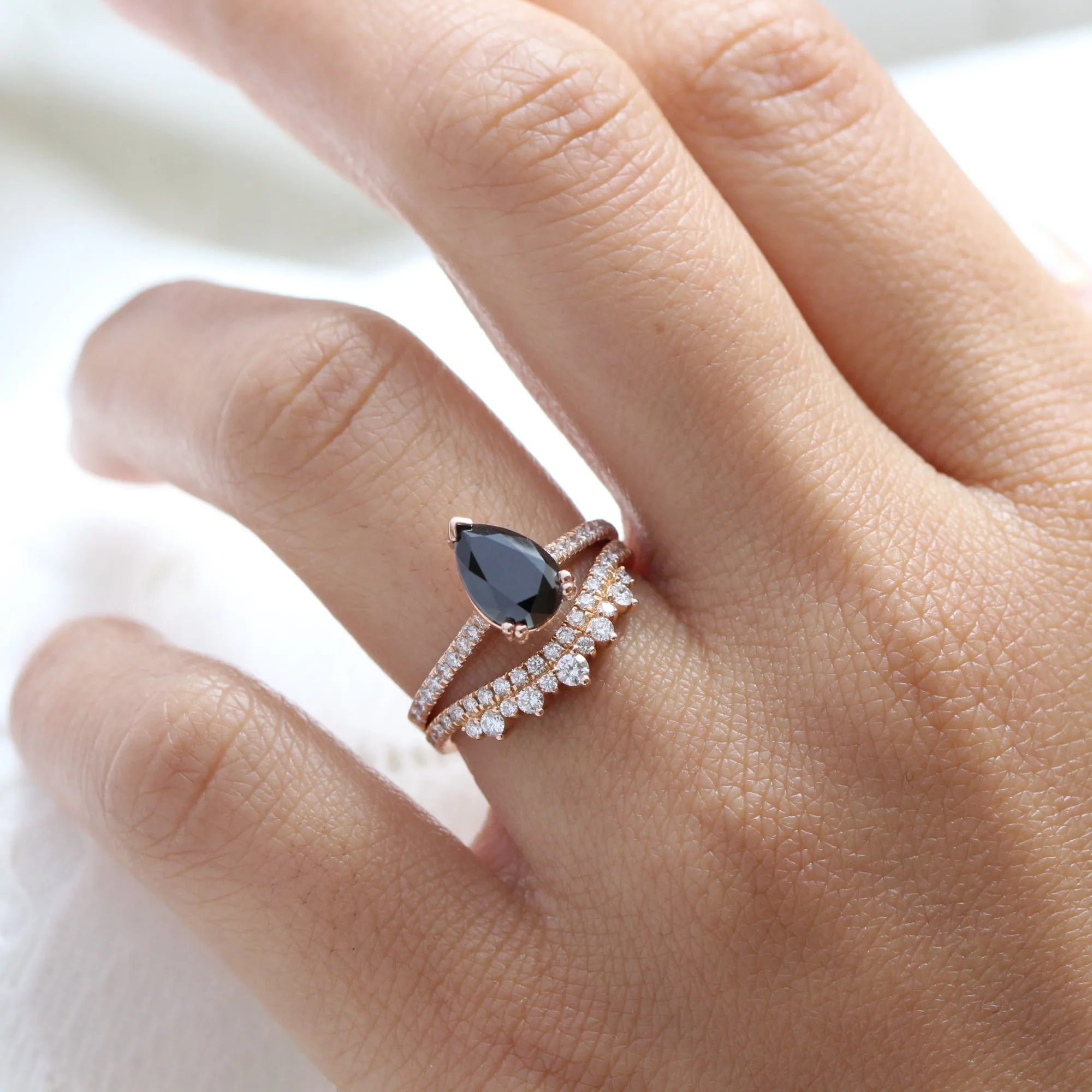 Grace Solitaire Black Diamond Ring Set w/ Pear Diamond and Crown Wedding Band