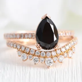 Grace Solitaire Black Diamond Ring Set w/ Pear Diamond and Crown Wedding Band