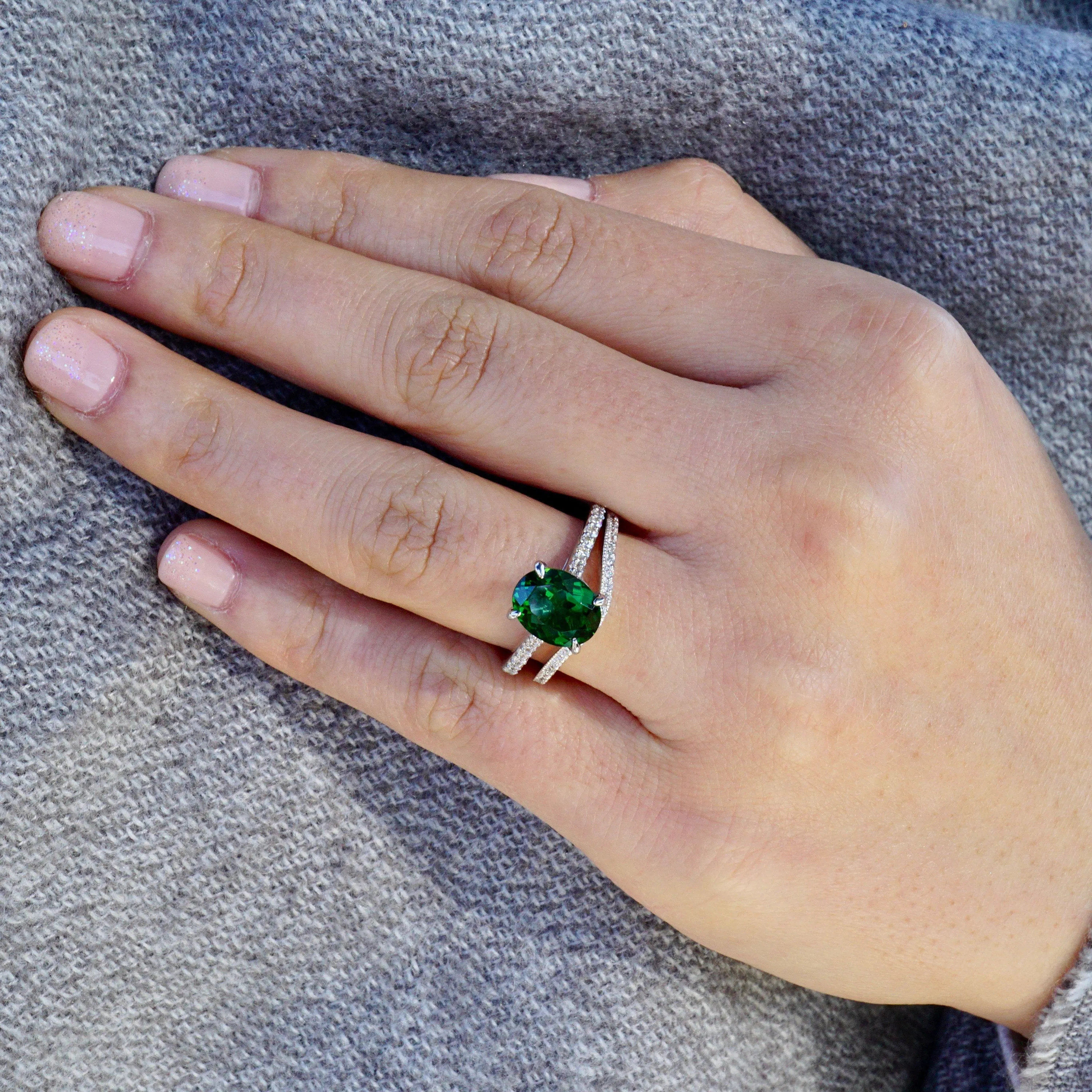 Green Chrome Tourmaline Engagement Ring - Oval Chrome Tourmaline Ring