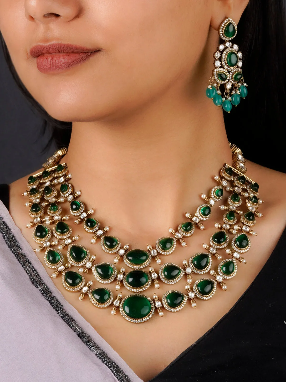 Green Color Gold Plated Faux Polki Necklace Set - PK-S55GR