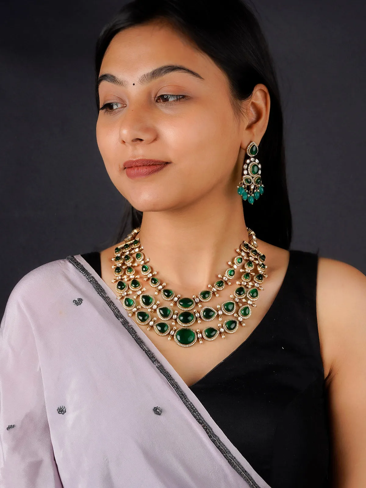 Green Color Gold Plated Faux Polki Necklace Set - PK-S55GR