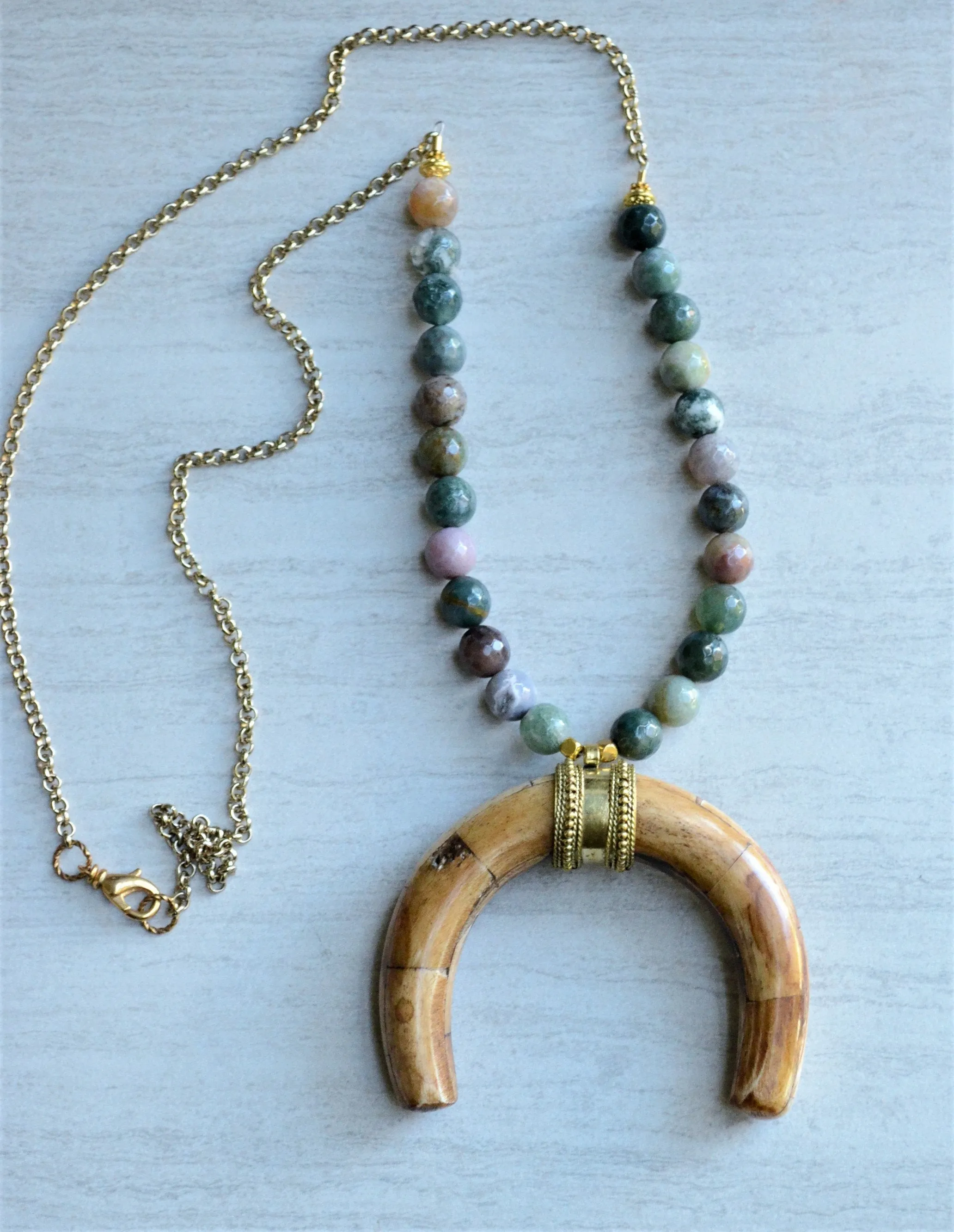 Green Horn Pendant Boho Beaded Long Statement Necklace - Palawan