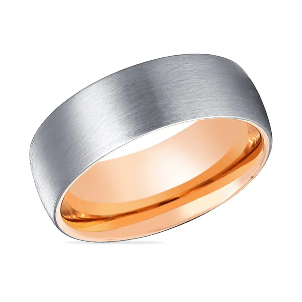 GTR | Rose Gold Ring, Silver Tungsten Ring, Brushed, Domed