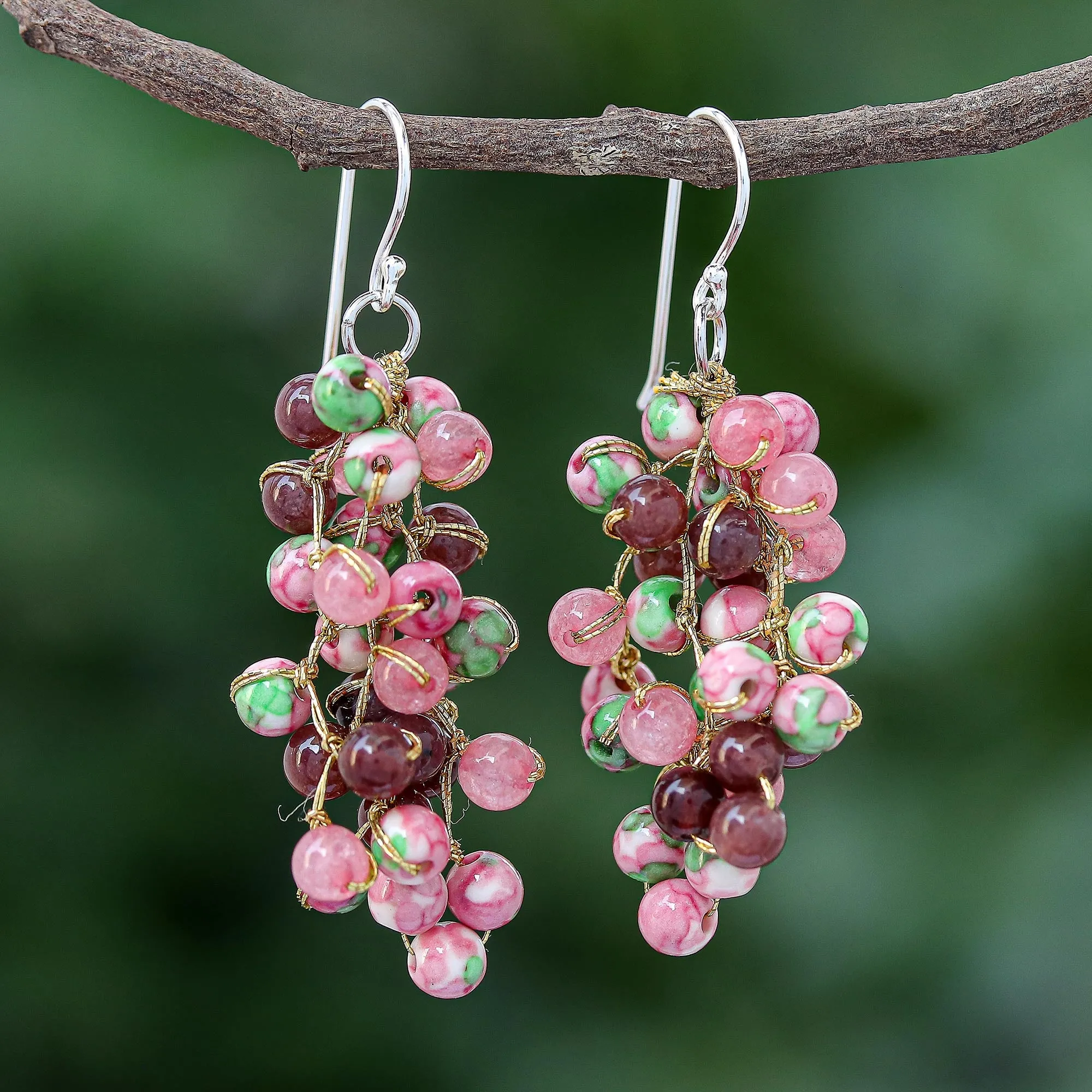 Hand Crafted Quartz and Agate Dangle Earrings - Dionysus in Pink | NOVICA