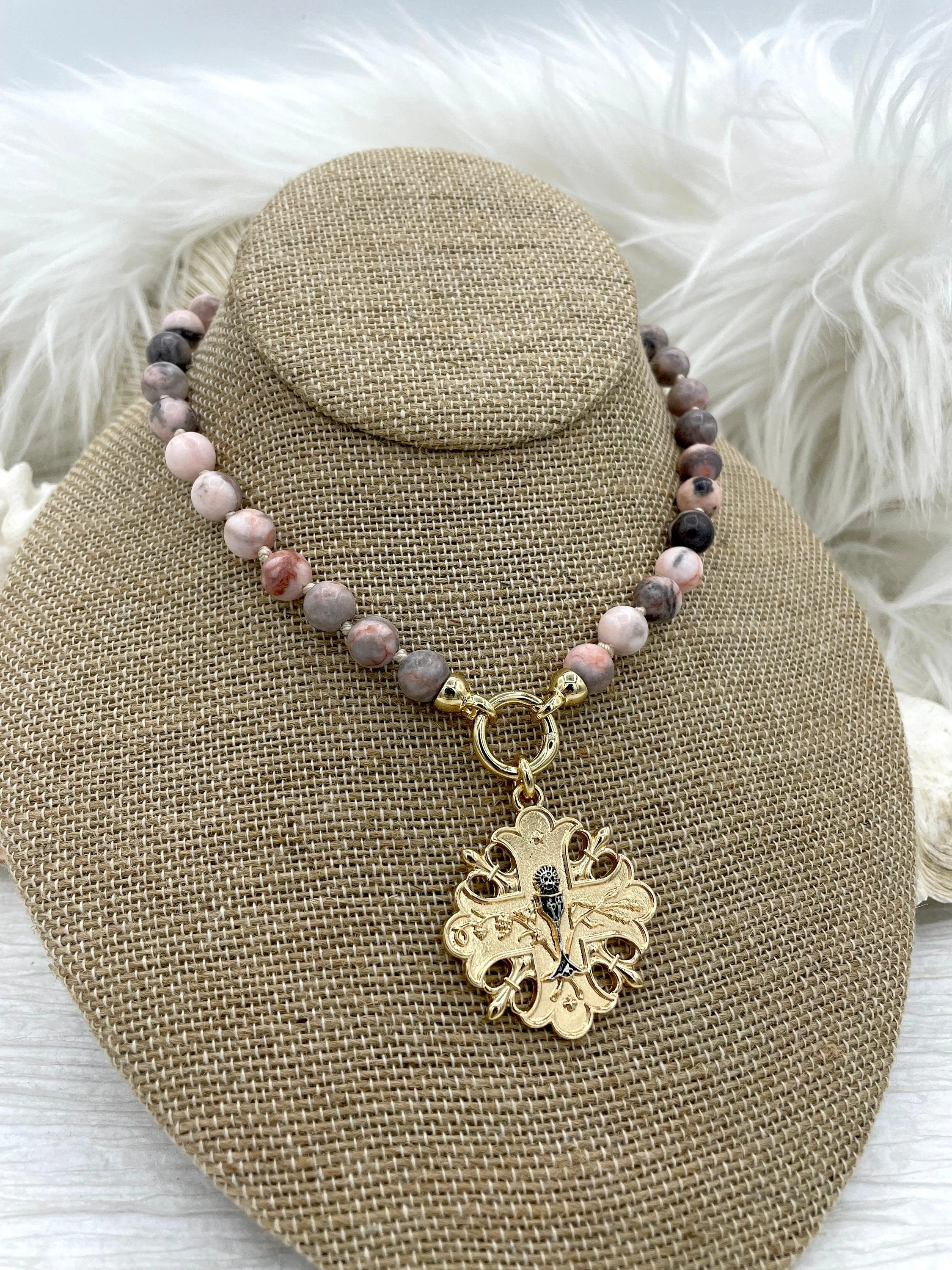 Hand Knotted Pink Zebra Jasper, 16.5" Long,Plated Brass End Caps, Gold or Matte Gold Caps, 8mm round Pink Zebra Jasper Necklace, Fast Ship