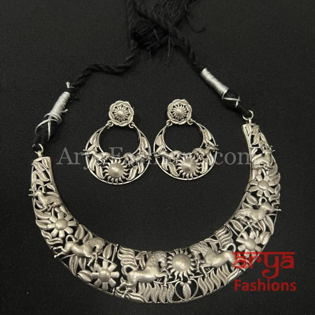 Handcarved Silver Designer Oxidized Silver Hasli Necklace