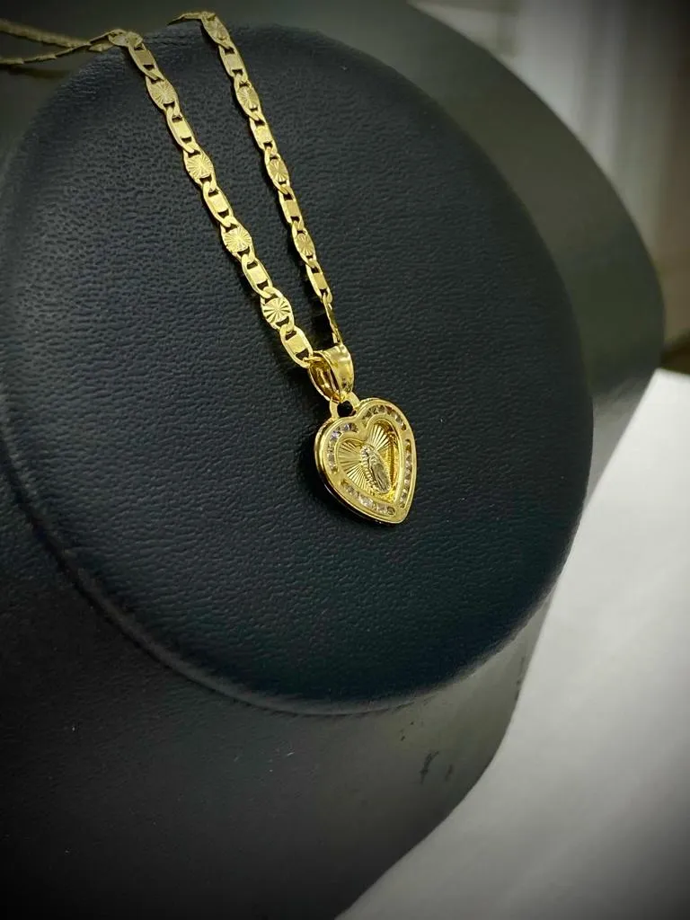 Heart Virgen de Guadalupe Necklace CZ Pendant 14K Gold Filled Valentino Chain for Babies Kids