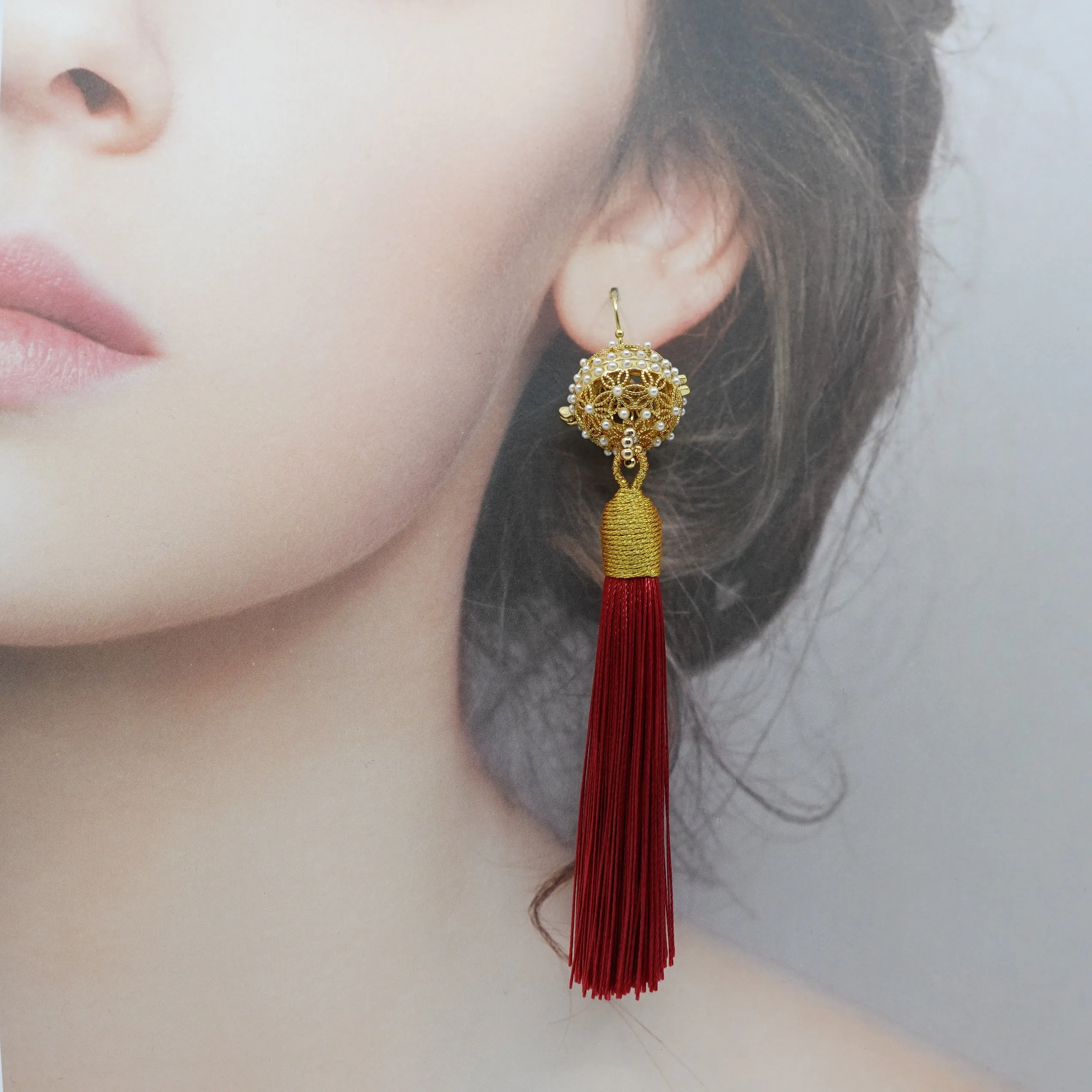 Herbal Locket Silk Tassel Earrings - Red