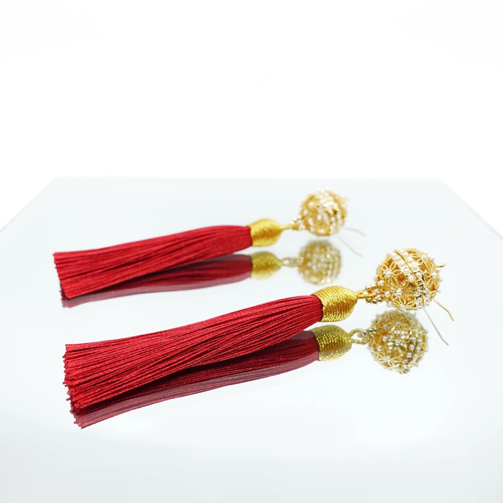 Herbal Locket Silk Tassel Earrings - Red