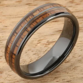 High Tech Black Ceramic Natural Koa Wood Double Row Oval Wedding Ring 6mm