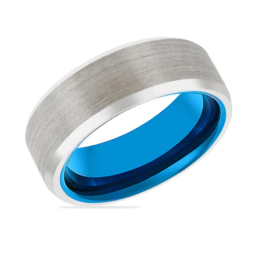 IBIZA | Blue Tungsten Ring, Silver Tungsten Ring, Brushed, Beveled