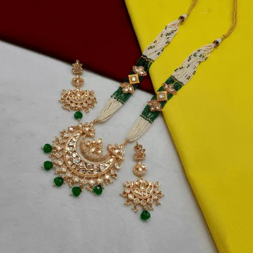 Jadau Chand Motif Pendant Beaded Long Necklace Set