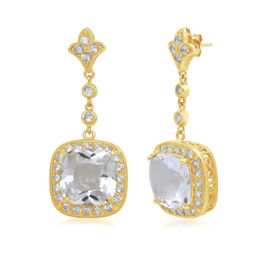 Jewelili 18K Yellow Gold Over Sterling Silver with Created White Sapphire Dangle Earrings